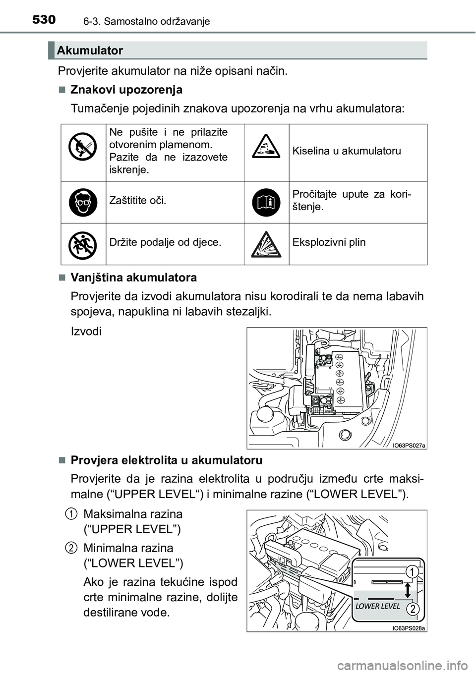 TOYOTA PRIUS 2016  Upute Za Rukovanje (in Croatian) 5306-3. Samostalno održavanje
Provjerite akumulator na niže opisani način.
Znakovi upozorenja
Tumačenje pojedinih znakova upozorenja na vrhu akumulatora:
Vanjština akumulatora
Provjerite da
