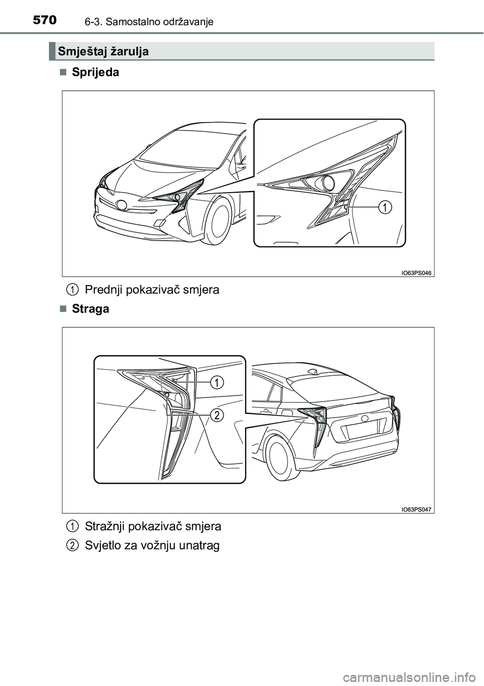 TOYOTA PRIUS 2016  Upute Za Rukovanje (in Croatian) 5706-3. Samostalno održavanje
Sprijeda
Prednji pokazivač smjera
Straga
Stražnji pokazivač smjera
Svjetlo za vožnju unatrag
Smještaj žarulja
1
1
2 
