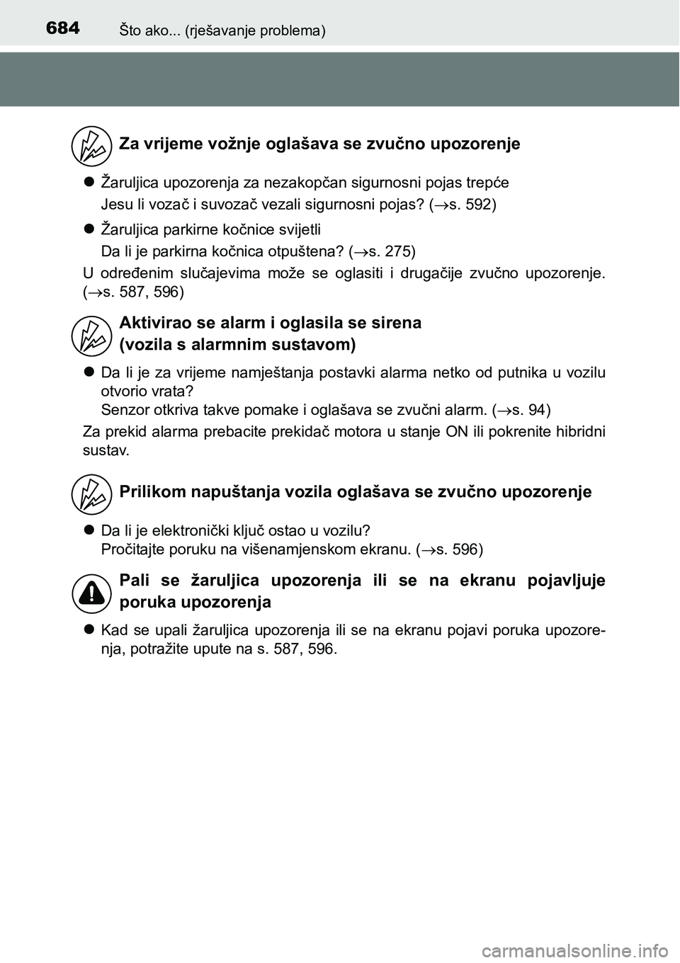 TOYOTA PRIUS 2016 Upute Za Rukovanje (in Croatian) 684Što ako... (rješavanje problema)
Žaruljica upozorenja za nezakopčan sigurnosni pojas trepće
Jesu li vozač i suvozač vezali sigurnosni pojas? (s. 592)
Žaruljica parkirne kočnice sv TOYOTA PRIUS 2016 Upute Za Rukovanje (in Croatian) 684Što ako... (rješavanje problema)
Žaruljica upozorenja za nezakopčan sigurnosni pojas trepće
Jesu li vozač i suvozač vezali sigurnosni pojas? (s. 592)
Žaruljica parkirne kočnice sv