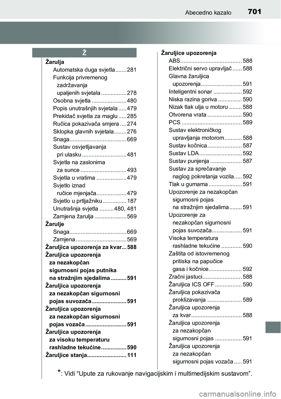TOYOTA PRIUS 2016  Upute Za Rukovanje (in Croatian) 701Abecedno kazalo
Žarulja
Automatska duga svjetla ....... 281
Funkcija privremenog 
zadržavanja 
upaljenih svjetala ................ 278
Osobna svjetla ...................... 480
Popis unutrašnjih