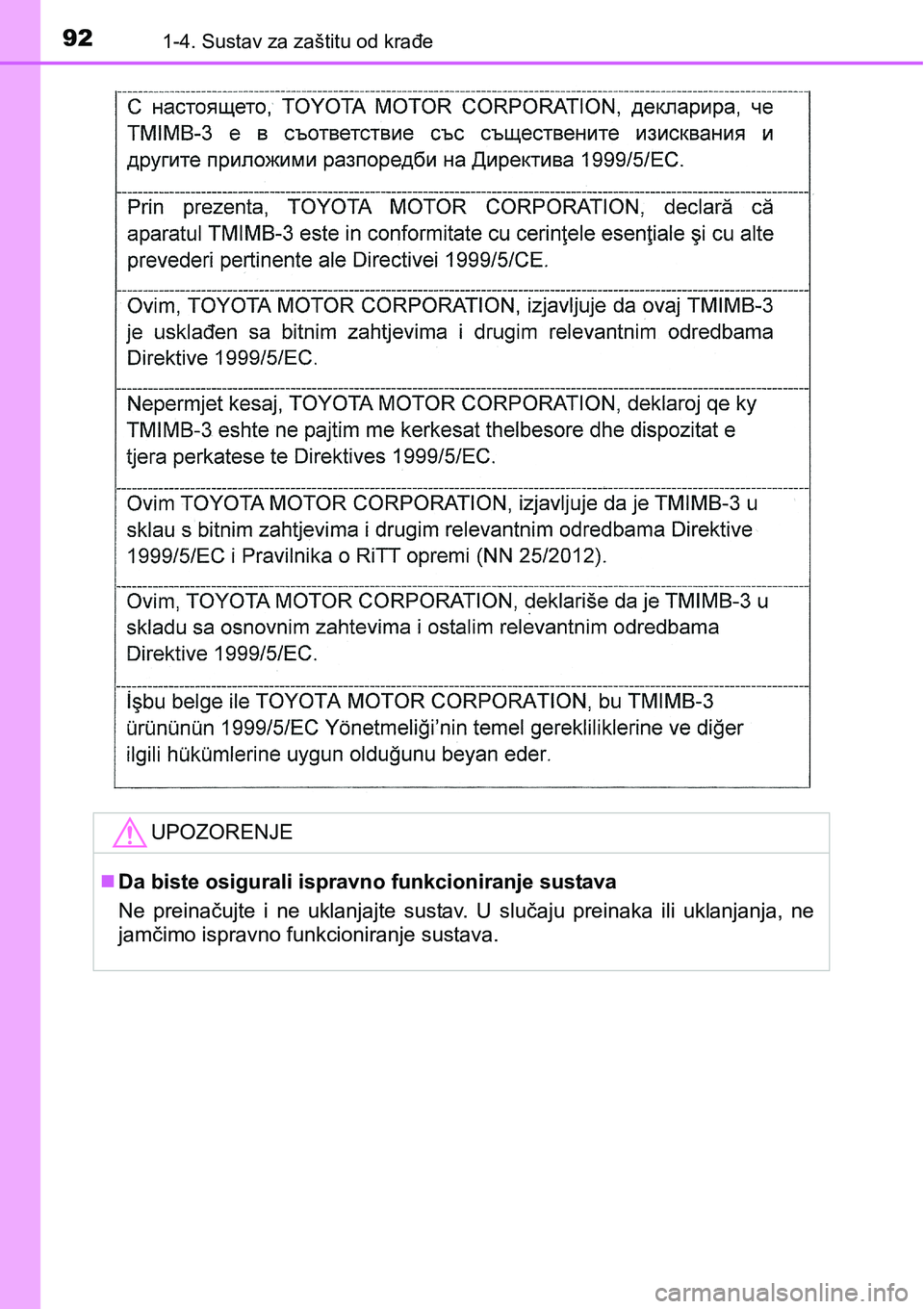 TOYOTA PRIUS 2016  Upute Za Rukovanje (in Croatian) 921-4. Sustav za zaštitu od krađe
UPOZORENJE
Da biste osigurali ispravno funkcioniranje sustava
Ne preinačujte i ne uklanjajte sustav. U slučaju preinaka ili uklanjanja, ne
jamčimo ispravno fu