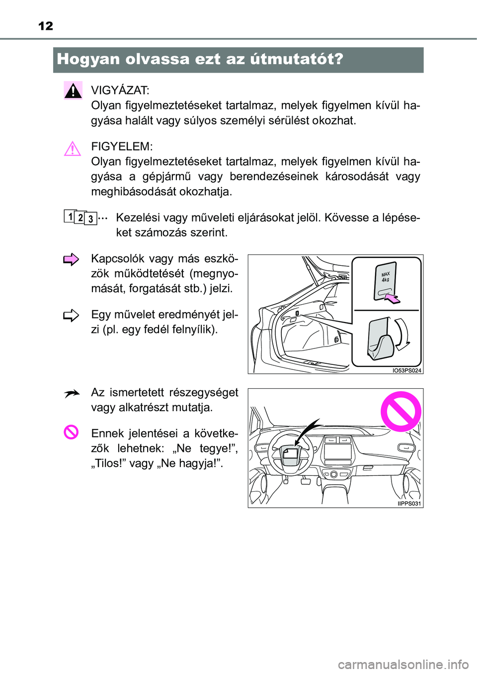 TOYOTA PRIUS 2016 Kezelési útmutató (in Hungarian) 12
Hogyan olvassa ezt az útmutatót?
VIGYÁZAT:
Olyan figyelmeztetéseket tartalmaz, melyek figyelmen kívül ha-
gyása halált vagy súlyos sze mélyi sérülést okozhat.
FIGYELEM:
Olyan TOYOTA PRIUS 2016 Kezelési útmutató (in Hungarian) 12
Hogyan olvassa ezt az útmutatót?
VIGYÁZAT:
Olyan figyelmeztetéseket tartalmaz, melyek figyelmen kívül ha-
gyása halált vagy súlyos sze mélyi sérülést okozhat.
FIGYELEM:
Olyan