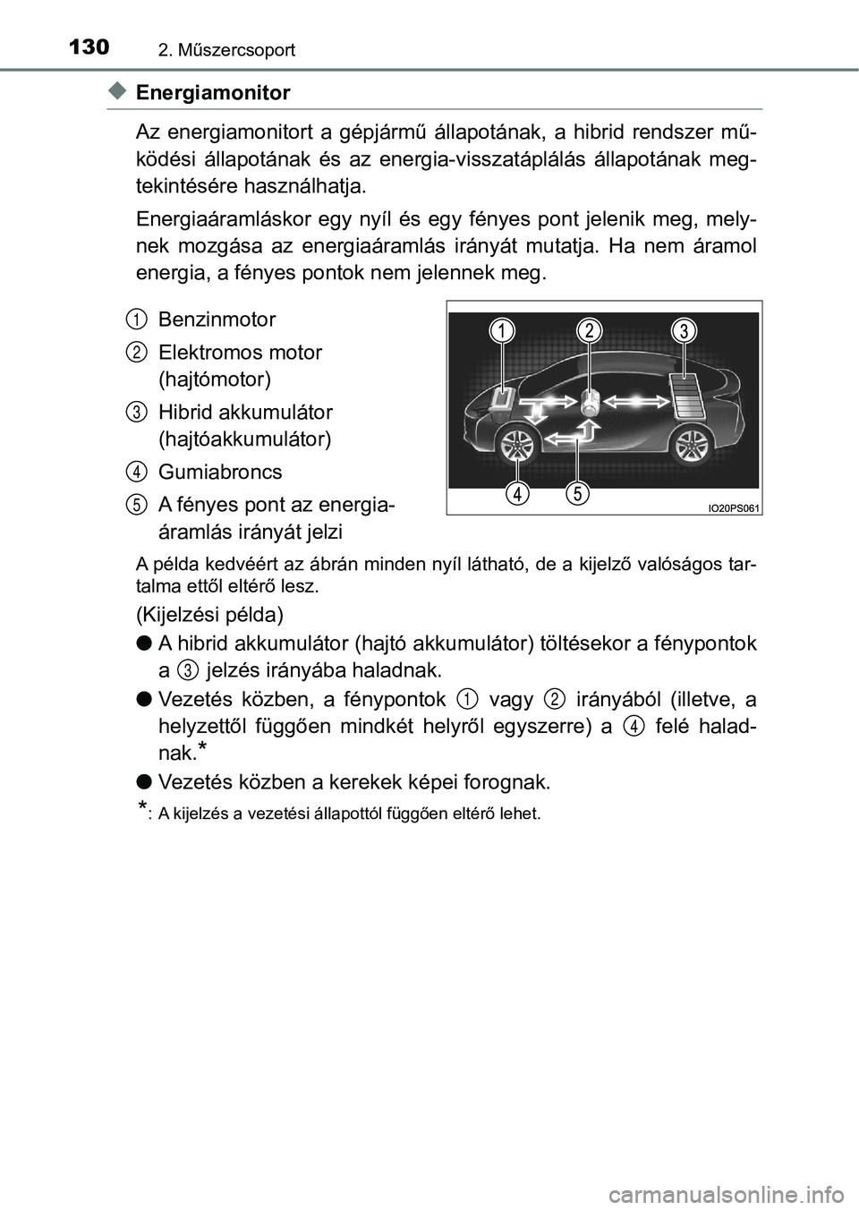 TOYOTA PRIUS 2016  Kezelési útmutató (in Hungarian) 1302. Műszercsoport
uEnergiamonitor
Az  energiamonitort  a  gépjármű  állapotának,  a  hibrid  rendszer  mű-
ködési  állapotának  és  az  energia-visszatáplálás  állapotának  meg -
te