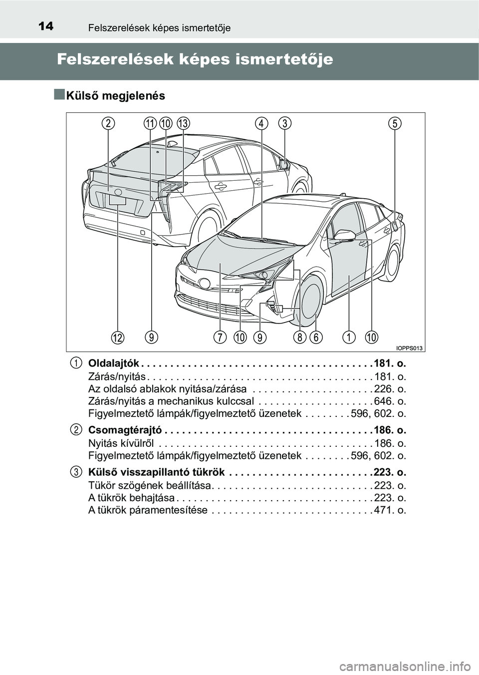 TOYOTA PRIUS 2016 Kezelési útmutató (in Hungarian) 14Felszerelések képes ismertetője
Felszerelések képes ismertetője
n
Külső megjelenés
Oldalajtók . . . . . . . . . . . . . . . . . . . . . . . . . . . . . . . . . . . . . . . . 181. o.
Zárá TOYOTA PRIUS 2016 Kezelési útmutató (in Hungarian) 14Felszerelések képes ismertetője
Felszerelések képes ismertetője
n
Külső megjelenés
Oldalajtók . . . . . . . . . . . . . . . . . . . . . . . . . . . . . . . . . . . . . . . . 181. o.
Zárá