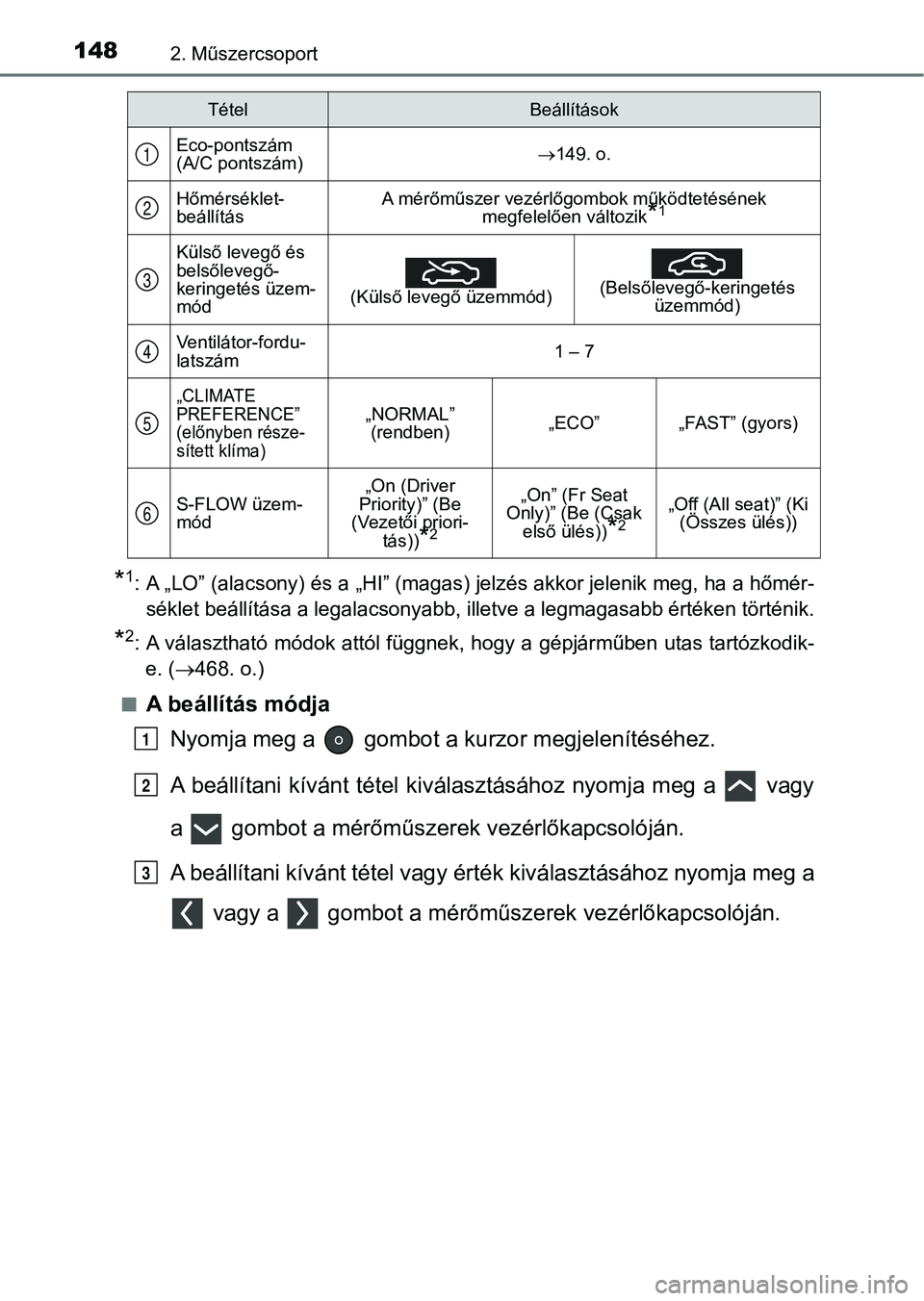 TOYOTA PRIUS 2016 Kezelési útmutató (in Hungarian) 1482. Műszercsoport
*1: A „LO” (alacsony) és a „HI” (magas) jelzés akkor jelenik meg, ha a hőmér-
séklet beállítása a legalacsonyabb, illetve a legmagasabb értéken történik.
*2: A TOYOTA PRIUS 2016 Kezelési útmutató (in Hungarian) 1482. Műszercsoport
*1: A „LO” (alacsony) és a „HI” (magas) jelzés akkor jelenik meg, ha a hőmér-
séklet beállítása a legalacsonyabb, illetve a legmagasabb értéken történik.
*2: A