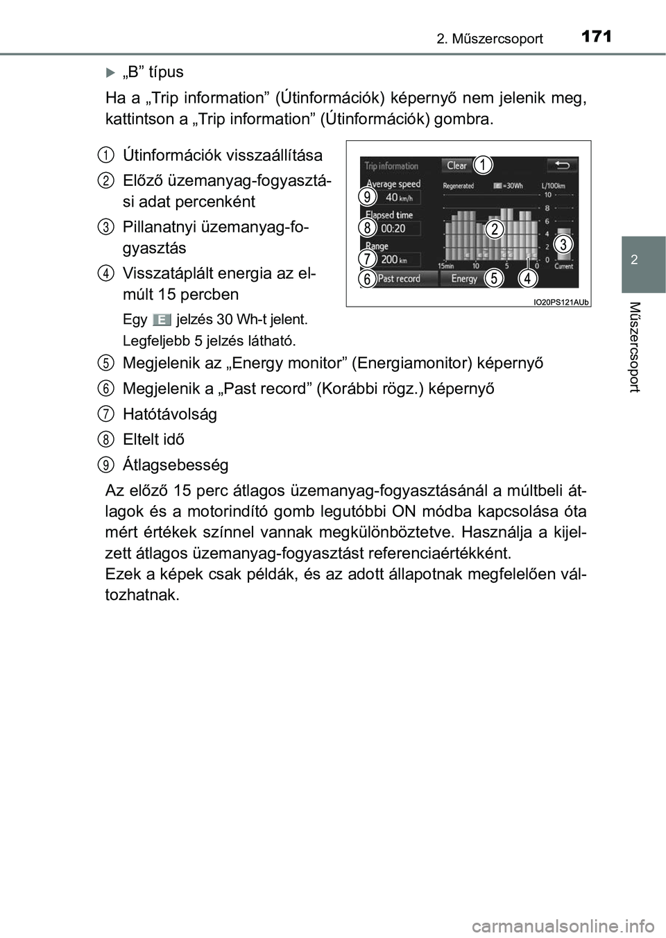 TOYOTA PRIUS 2016 Kezelési útmutató (in Hungarian) 1712. Műszercsoport
2
Műszercsoport
„B” típus
Ha a „Trip information” (Útinformációk) képernyő nem jelenik me g,
kattintson a „Trip informati on” (Útinformációk) gomb TOYOTA PRIUS 2016 Kezelési útmutató (in Hungarian) 1712. Műszercsoport
2
Műszercsoport
„B” típus
Ha a „Trip information” (Útinformációk) képernyő nem jelenik me g,
kattintson a „Trip informati on” (Útinformációk) gomb