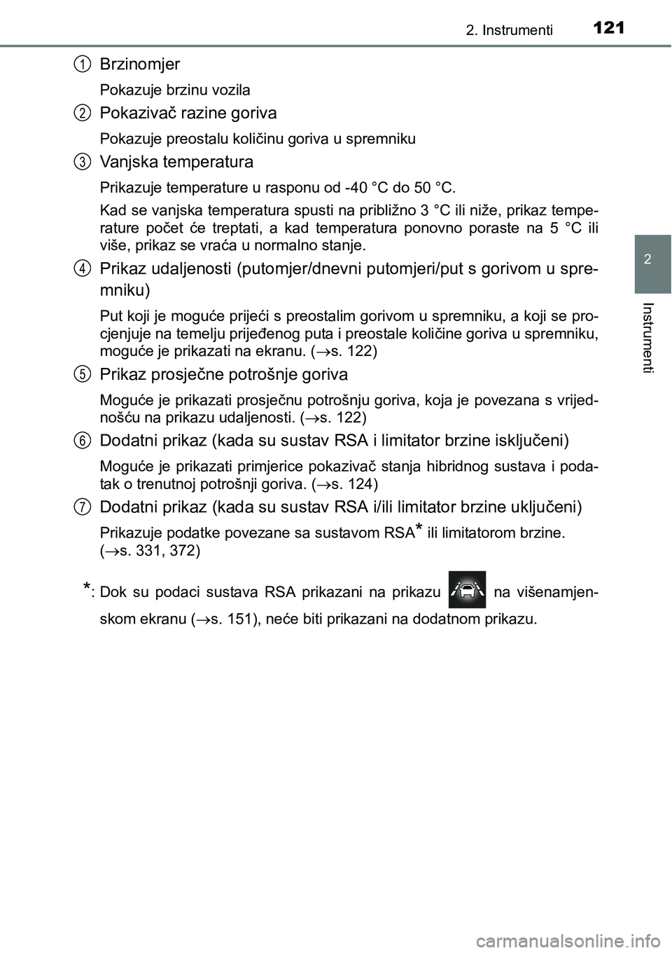 TOYOTA PRIUS 2015  Upute Za Rukovanje (in Croatian) 1212. Instrumenti
2
Instrumenti
Brzinomjer
Pokazuje brzinu vozila
Pokazivač razine goriva
Pokazuje preostalu količinu goriva u spremniku
Vanjska temperatura
Prikazuje temperature u rasponu od -40 °