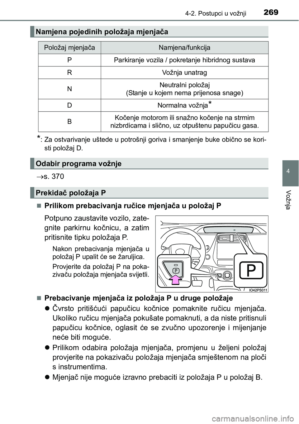 TOYOTA PRIUS 2015  Upute Za Rukovanje (in Croatian) 2694-2. Postupci u vožnji
4
Vožnja
*: Za ostvarivanje uštede u potrošnji goriva i smanjenje buke obično se kori-
sti položaj D.
s. 370
Prilikom prebacivanja ručice mjenjača u položaj P
