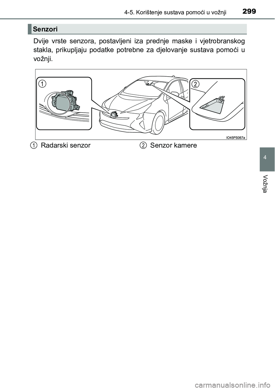 TOYOTA PRIUS 2015 Upute Za Rukovanje (in Croatian) 2994-5. Korištenje sustava pomoći u vožnji
4
Vožnja
Dvije vrste senzora, postavljeni iza prednje maske i vjetrobranskog
stakla, prikupljaju podatke potrebne za djelovanje sustava pomoći u
vožnji TOYOTA PRIUS 2015 Upute Za Rukovanje (in Croatian) 2994-5. Korištenje sustava pomoći u vožnji
4
Vožnja
Dvije vrste senzora, postavljeni iza prednje maske i vjetrobranskog
stakla, prikupljaju podatke potrebne za djelovanje sustava pomoći u
vožnji