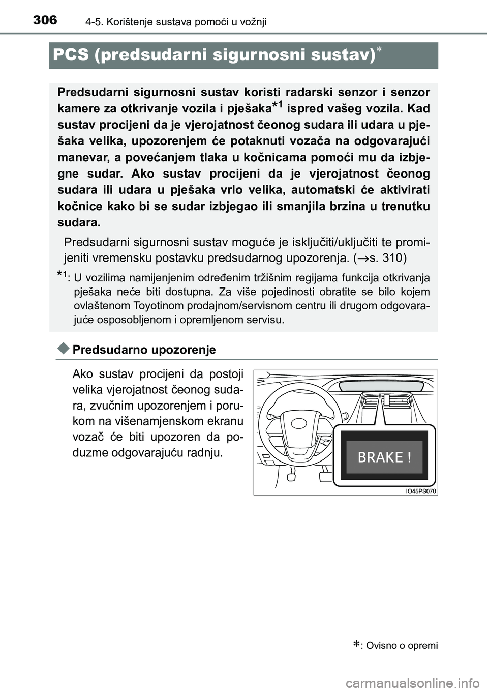 TOYOTA PRIUS 2015  Upute Za Rukovanje (in Croatian) 3064-5. Korištenje sustava pomoći u vožnji
PCS (predsudar ni sigurnosni sustav)
Predsudarno upozorenje
Ako sustav procijeni da postoji
velika vjerojatnost čeonog suda-
ra, zvučnim upozorenj