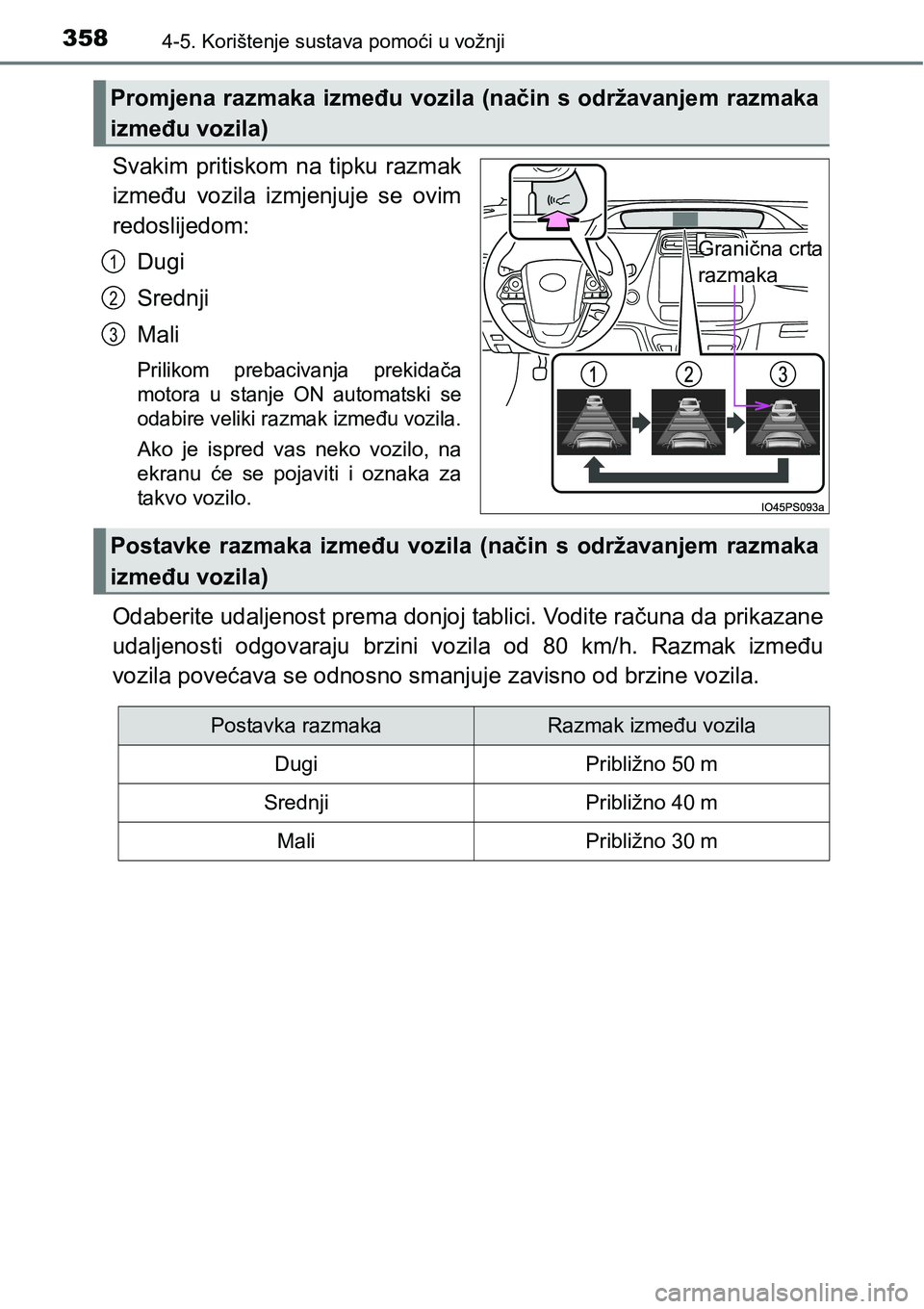 TOYOTA PRIUS 2015 Upute Za Rukovanje (in Croatian) 3584-5. Korištenje sustava pomoći u vožnji
Svakim pritiskom na tipku razmak
između vozila izmjenjuje se ovim
redoslijedom:
Dugi
Srednji
Mali
Prilikom prebacivanja prekidača
motora u stanje ON aut TOYOTA PRIUS 2015 Upute Za Rukovanje (in Croatian) 3584-5. Korištenje sustava pomoći u vožnji
Svakim pritiskom na tipku razmak
između vozila izmjenjuje se ovim
redoslijedom:
Dugi
Srednji
Mali
Prilikom prebacivanja prekidača
motora u stanje ON aut