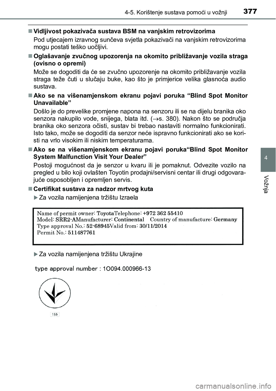 TOYOTA PRIUS 2015 Upute Za Rukovanje (in Croatian) 3774-5. Korištenje sustava pomoći u vožnji
4
Vožnja
Vidljivost pokazivača sustava BSM na vanjskim retrovizorima
Pod utjecajem izravnog sunčeva svjetla pokazivači na vanjskim retrovizorima
mo TOYOTA PRIUS 2015 Upute Za Rukovanje (in Croatian) 3774-5. Korištenje sustava pomoći u vožnji
4
Vožnja
Vidljivost pokazivača sustava BSM na vanjskim retrovizorima
Pod utjecajem izravnog sunčeva svjetla pokazivači na vanjskim retrovizorima
mo