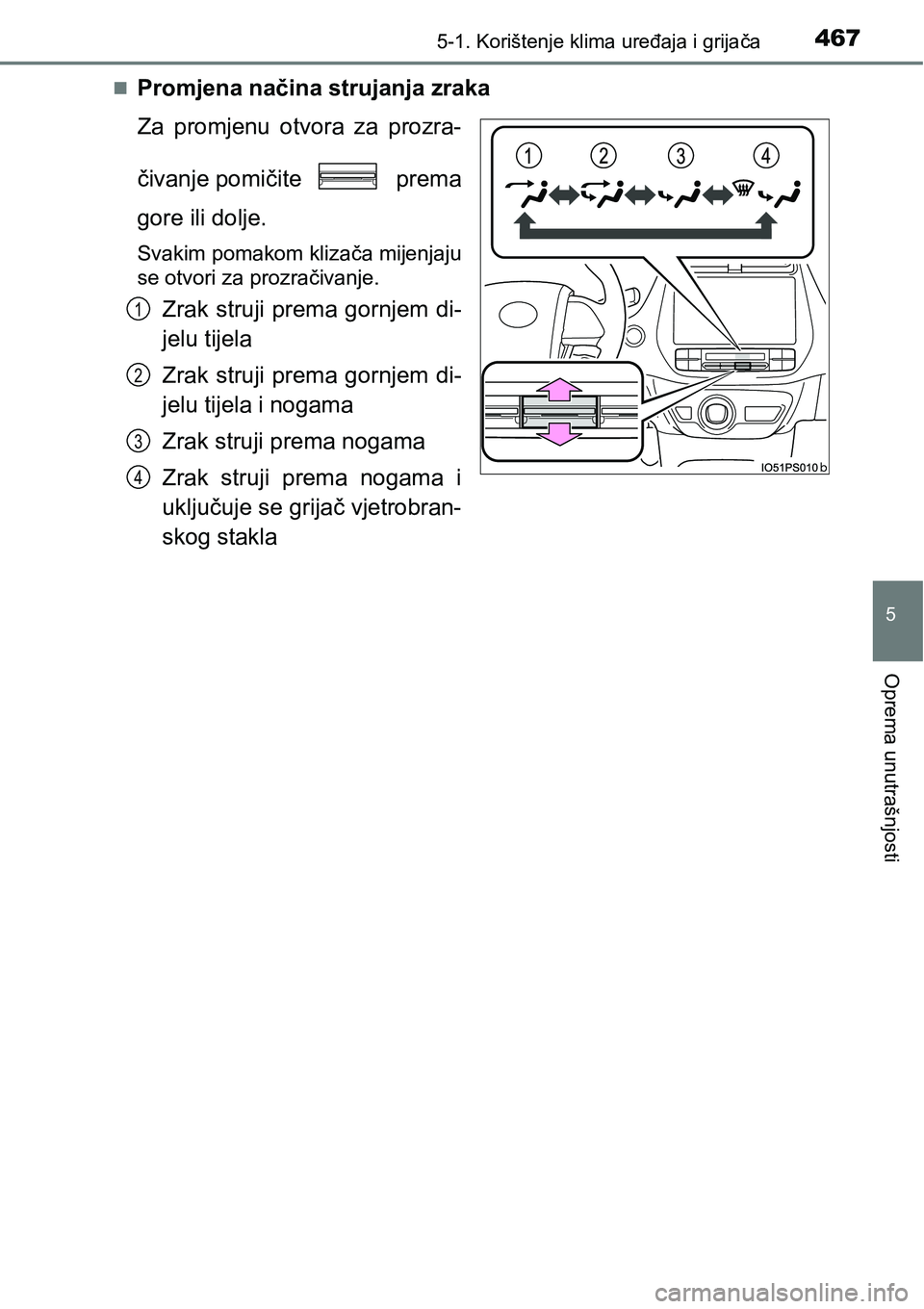 TOYOTA PRIUS 2015  Upute Za Rukovanje (in Croatian) 4675-1. Korištenje klima uređaja i grijača
5
Oprema unutrašnjosti
Promjena načina strujanja zraka
Za promjenu otvora za prozra-
čivanje pomičite  prema
gore ili dolje.
Svakim pomakom klizač