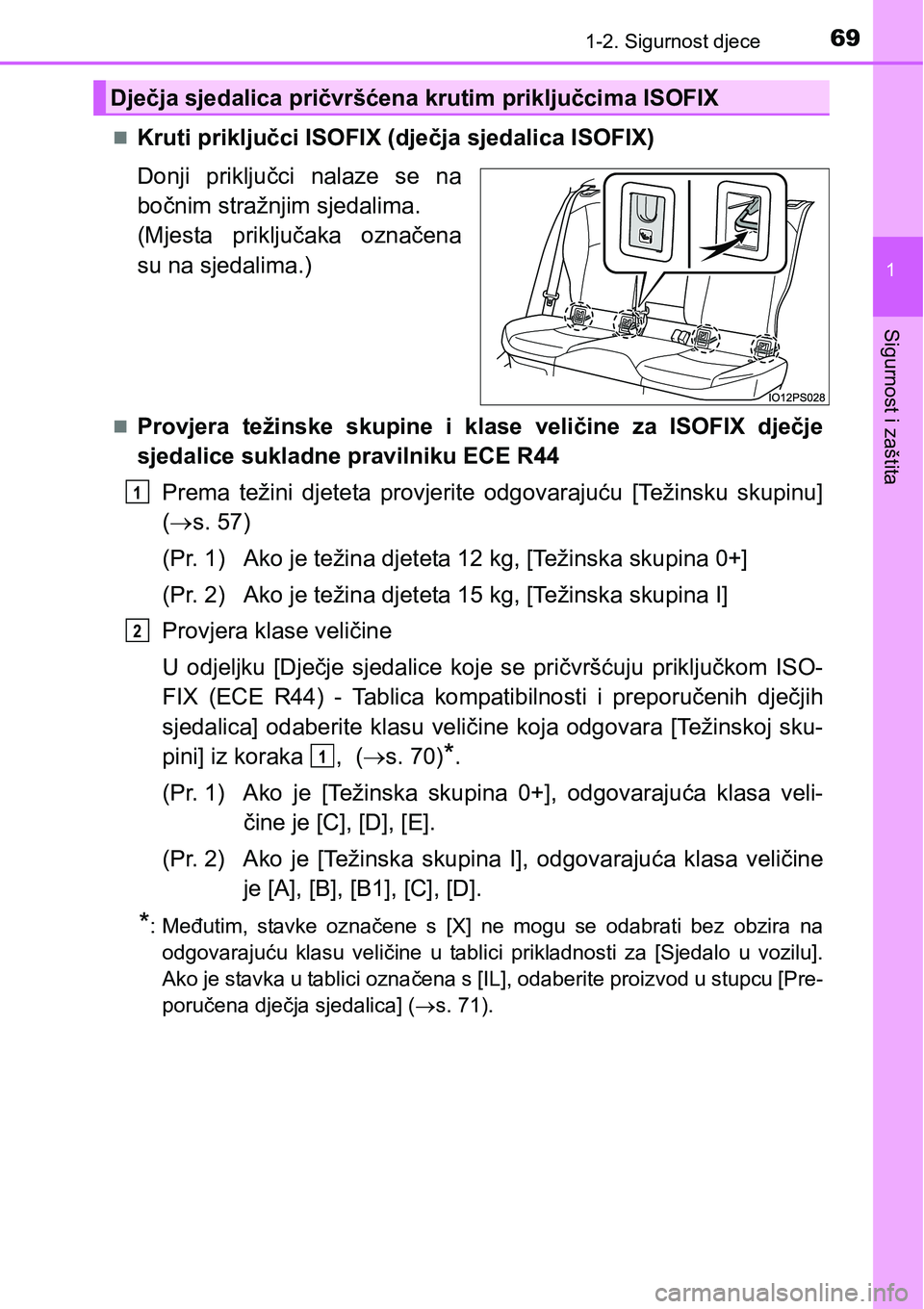 TOYOTA PRIUS 2015 Upute Za Rukovanje (in Croatian) 691-2. Sigurnost djece
1
Sigurnost i zaštita
Kruti priključci ISOFIX (dječja sjedalica ISOFIX)
Donji priključci nalaze se na
bočnim stražnjim sjedalima.
(Mjesta priključaka označena
su na TOYOTA PRIUS 2015 Upute Za Rukovanje (in Croatian) 691-2. Sigurnost djece
1
Sigurnost i zaštita
Kruti priključci ISOFIX (dječja sjedalica ISOFIX)
Donji priključci nalaze se na
bočnim stražnjim sjedalima.
(Mjesta priključaka označena
su na