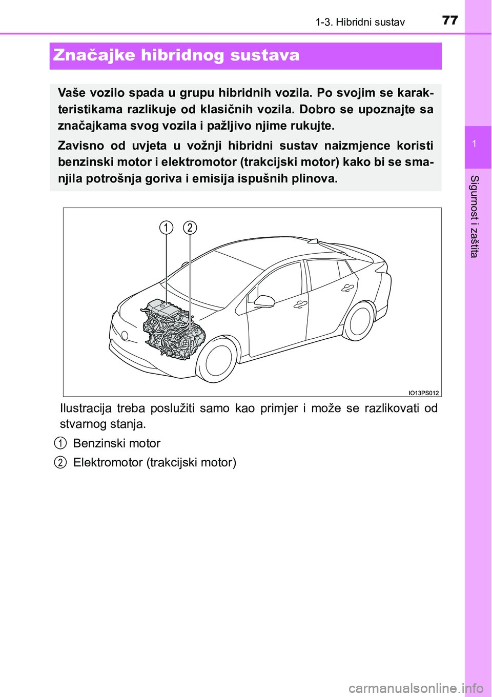 TOYOTA PRIUS 2015  Upute Za Rukovanje (in Croatian) 77
1
1-3. Hibridni sustav
Sigurnost i zaštita
Značajke hibridnog sustava
Ilustracija treba poslužiti samo kao primjer i može se razlikovati od
stvarnog stanja.
Benzinski motor
Elektromotor (trakci