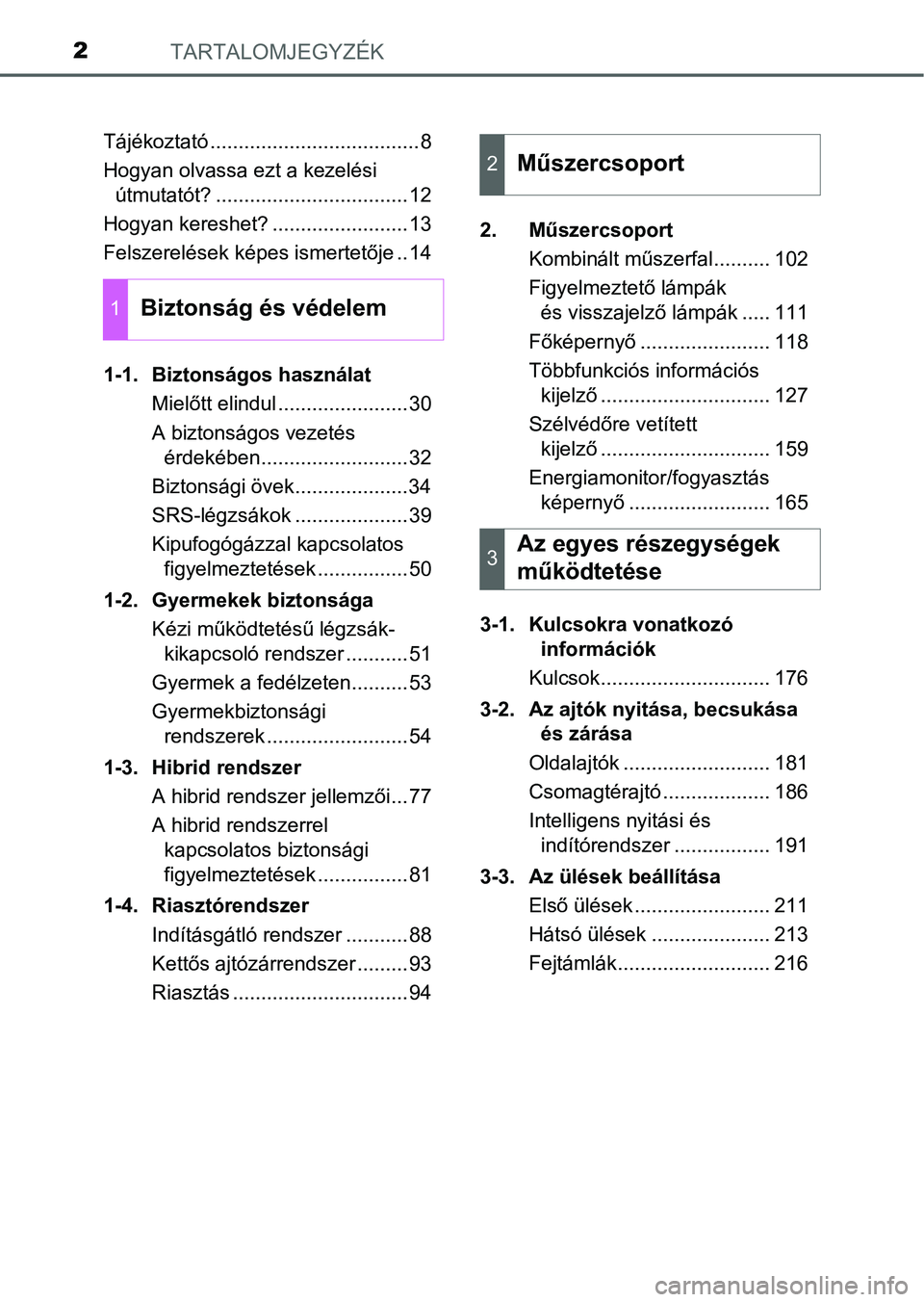 TOYOTA PRIUS 2015 Kezelési útmutató (in Hungarian) TARTALOMJEGYZÉK2
Tájékoztató .....................................8
Hogyan olvassa ezt a kezelési
útmutatót? ..................................12
Hogyan kereshet? ........................13
Fe TOYOTA PRIUS 2015 Kezelési útmutató (in Hungarian) TARTALOMJEGYZÉK2
Tájékoztató .....................................8
Hogyan olvassa ezt a kezelési
útmutatót? ..................................12
Hogyan kereshet? ........................13
Fe