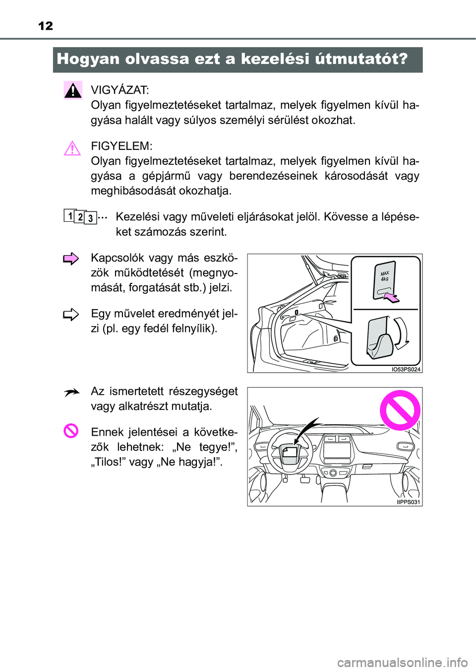 TOYOTA PRIUS 2015 Kezelési útmutató (in Hungarian) 12
Hogyan olvassa ezt a kezelési útmutatót?
VIGYÁZAT:
Olyan figyelmeztetéseket tartalmaz, melyek figyelmen kívül ha-
gyása halált vagy súlyos személyi sérülést okozhat.
FIGYELEM:
Olyan TOYOTA PRIUS 2015 Kezelési útmutató (in Hungarian) 12
Hogyan olvassa ezt a kezelési útmutatót?
VIGYÁZAT:
Olyan figyelmeztetéseket tartalmaz, melyek figyelmen kívül ha-
gyása halált vagy súlyos személyi sérülést okozhat.
FIGYELEM:
Olyan