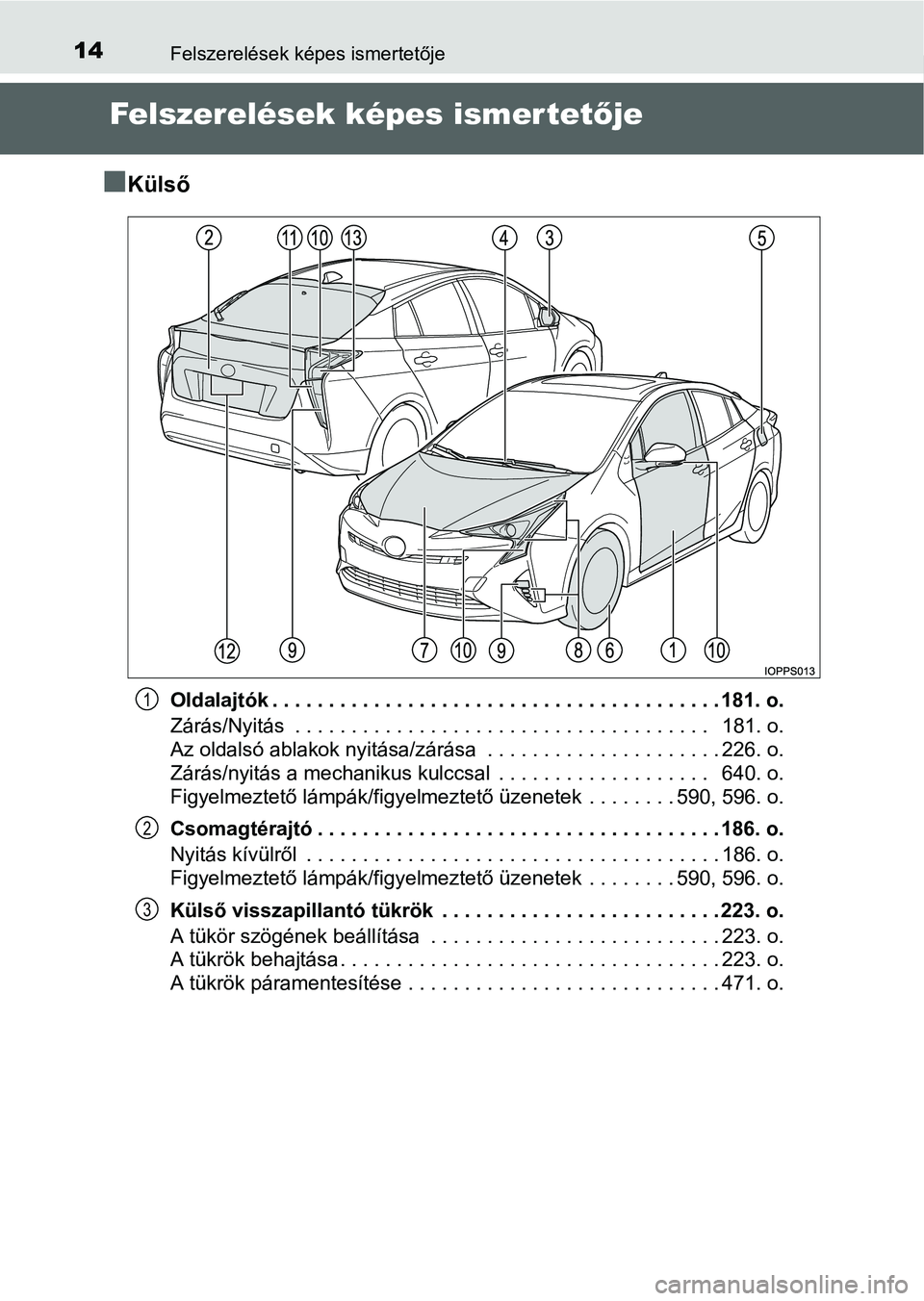 TOYOTA PRIUS 2015 Kezelési útmutató (in Hungarian) 14Felszerelések képes ismertetője
Felszerelések képes ismer tetője
Külső
Oldalajtók . . . . . . . . . . . . . . . . . . . . . . . . . . . . . . . . . . . . . . . . 181. o.
Zárás/Nyitás TOYOTA PRIUS 2015 Kezelési útmutató (in Hungarian) 14Felszerelések képes ismertetője
Felszerelések képes ismer tetője
Külső
Oldalajtók . . . . . . . . . . . . . . . . . . . . . . . . . . . . . . . . . . . . . . . . 181. o.
Zárás/Nyitás