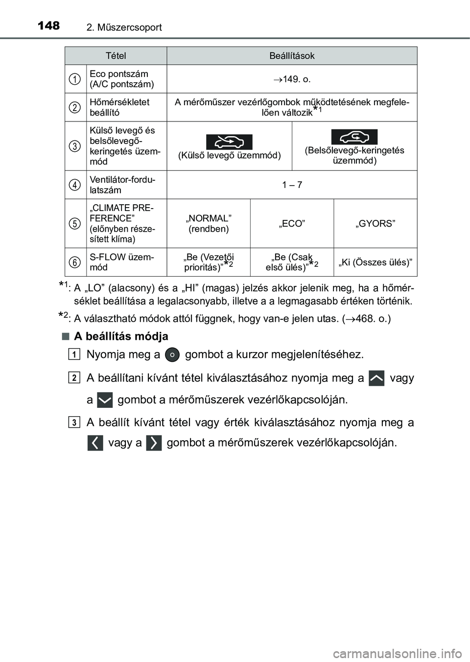 TOYOTA PRIUS 2015 Kezelési útmutató (in Hungarian) 1482. Műszercsoport
*1: A „LO” (alacsony) és a „HI” (magas) jelzés akkor jelenik meg, ha a hőmér-
séklet beállítása a legalacsonyabb, illetve a a legmagasabb értéken történik.
*2: TOYOTA PRIUS 2015 Kezelési útmutató (in Hungarian) 1482. Műszercsoport
*1: A „LO” (alacsony) és a „HI” (magas) jelzés akkor jelenik meg, ha a hőmér-
séklet beállítása a legalacsonyabb, illetve a a legmagasabb értéken történik.
*2: