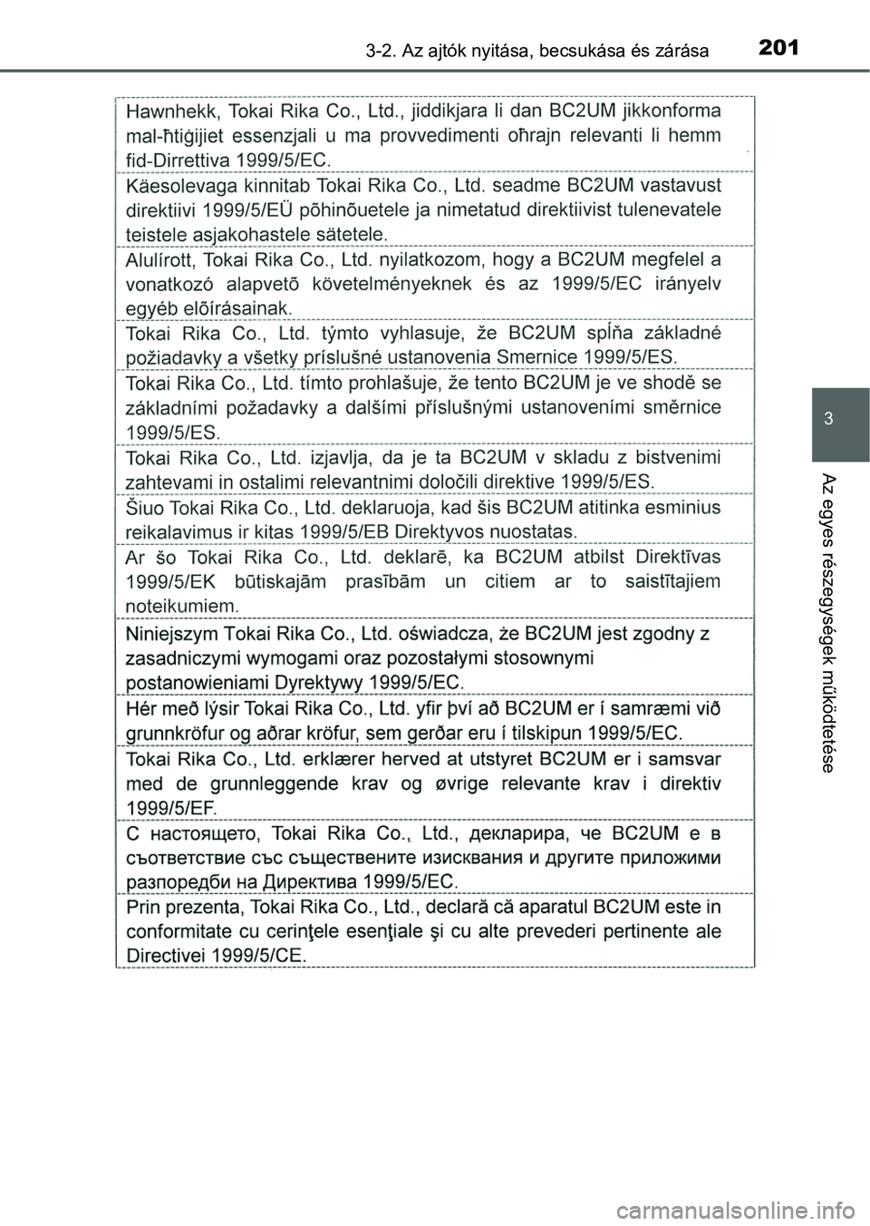 TOYOTA PRIUS 2015  Kezelési útmutató (in Hungarian) 2013-2. Az ajtók nyitása, becsukása és zárása
3
Az egyes részegységek működtetése 