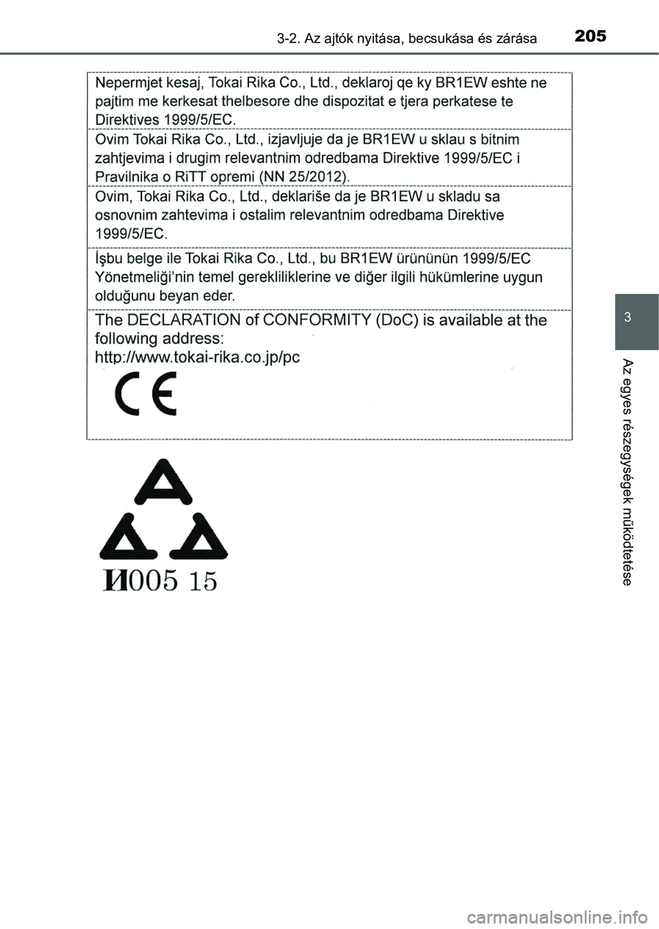TOYOTA PRIUS 2015  Kezelési útmutató (in Hungarian) 2053-2. Az ajtók nyitása, becsukása és zárása
3
Az egyes részegységek működtetése 