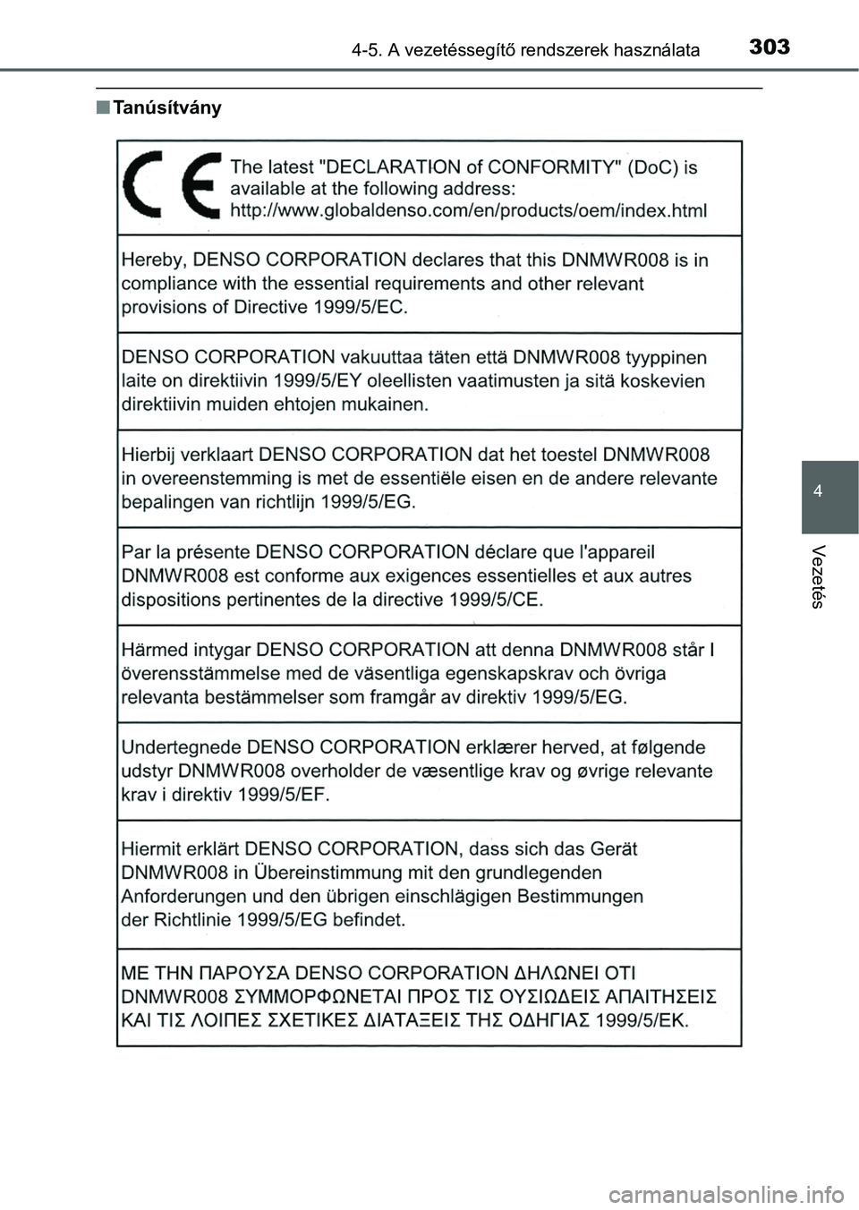 TOYOTA PRIUS 2015 Kezelési útmutató (in Hungarian) 3034-5. A vezetéssegítő rendszerek használata
4
Vezetés
Tanúsítvány TOYOTA PRIUS 2015 Kezelési útmutató (in Hungarian) 3034-5. A vezetéssegítő rendszerek használata
4
Vezetés
Tanúsítvány
