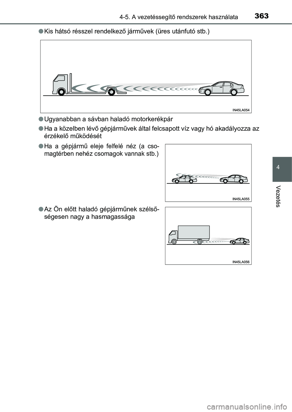 TOYOTA PRIUS 2015 Kezelési útmutató (in Hungarian) 3634-5. A vezetéssegítő rendszerek használata
4
Vezetés
Kis hátsó résszel rendelkező járművek (üres utánfutó stb.)
Ugyanabban a sávban haladó motorkerékpár
Ha a közelben l TOYOTA PRIUS 2015 Kezelési útmutató (in Hungarian) 3634-5. A vezetéssegítő rendszerek használata
4
Vezetés
Kis hátsó résszel rendelkező járművek (üres utánfutó stb.)
Ugyanabban a sávban haladó motorkerékpár
Ha a közelben l