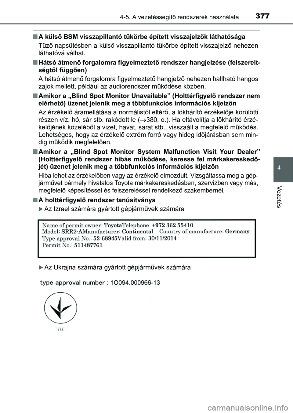 TOYOTA PRIUS 2015 Kezelési útmutató (in Hungarian) 3774-5. A vezetéssegítő rendszerek használata
4
Vezetés
A külső BSM visszapillantó tükörbe épített visszajelzők láthatósága
Tűző napsütésben a külső visszapillantó tükörbe TOYOTA PRIUS 2015 Kezelési útmutató (in Hungarian) 3774-5. A vezetéssegítő rendszerek használata
4
Vezetés
A külső BSM visszapillantó tükörbe épített visszajelzők láthatósága
Tűző napsütésben a külső visszapillantó tükörbe