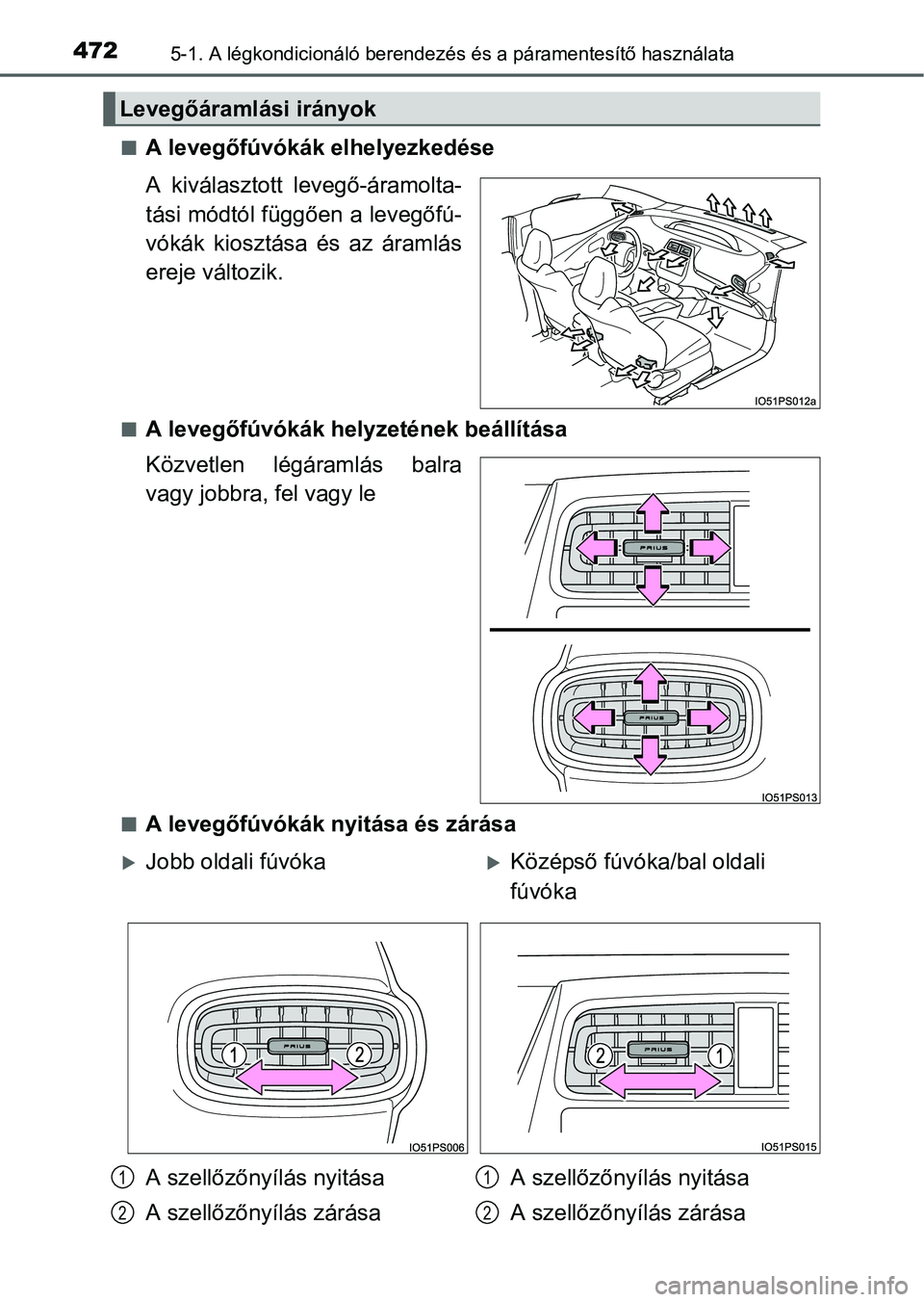TOYOTA PRIUS 2015 Kezelési útmutató (in Hungarian) 4725-1. A légkondicionáló berendezés és a páramentesítő használata
A levegőfúvókák elhelyezkedése
A kiválasztott levegő-áramolta-
tási módtól függően a levegőfú-
vókák kio TOYOTA PRIUS 2015 Kezelési útmutató (in Hungarian) 4725-1. A légkondicionáló berendezés és a páramentesítő használata
A levegőfúvókák elhelyezkedése
A kiválasztott levegő-áramolta-
tási módtól függően a levegőfú-
vókák kio