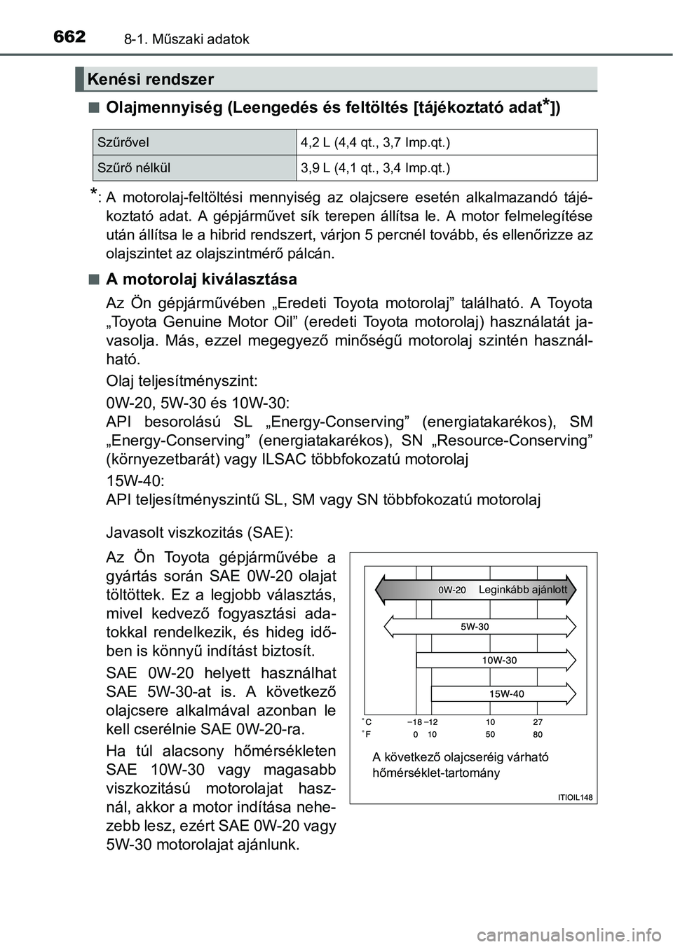 TOYOTA PRIUS 2015  Kezelési útmutató (in Hungarian) 6628-1. Műszaki adatok
Olajmennyiség (Leengedés és feltöltés [tájékoztató adat*])
*: A motorolaj-feltöltési mennyiség az olajcsere esetén alkalmazandó tájé-
koztató adat. A gépjá