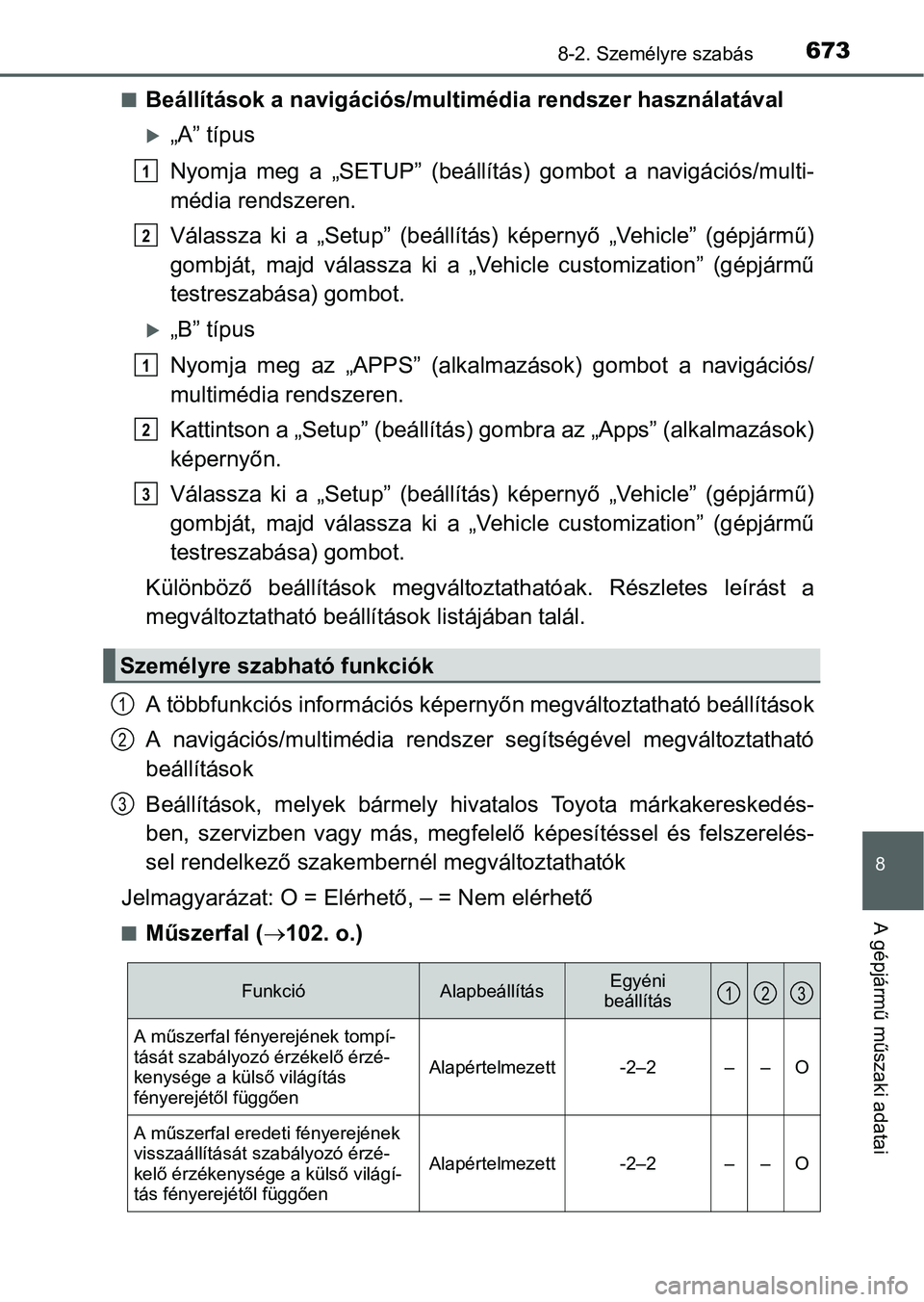 TOYOTA PRIUS 2015 Kezelési útmutató (in Hungarian) 6738-2. Személyre szabás
8
A gépjármű műszaki adatai
Beállítások a navigációs/multimédia rendszer használatával
„A” típus
Nyomja meg a „SETUP” (beállítás) gombot a navi TOYOTA PRIUS 2015 Kezelési útmutató (in Hungarian) 6738-2. Személyre szabás
8
A gépjármű műszaki adatai
Beállítások a navigációs/multimédia rendszer használatával
„A” típus
Nyomja meg a „SETUP” (beállítás) gombot a navi