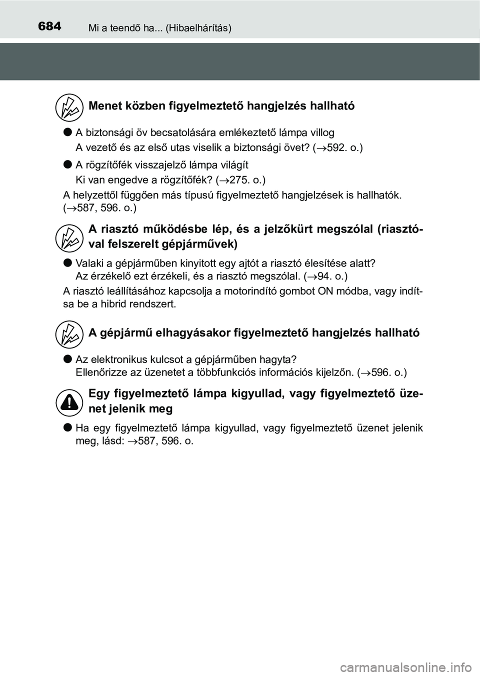 TOYOTA PRIUS 2015 Kezelési útmutató (in Hungarian) 684Mi a teendő ha... (Hibaelhárítás)
A biztonsági öv becsatolására emlékeztető lámpa villog
A vezető és az első utas viselik a biztonsági övet? (592. o.)
A rögzítőfék viss TOYOTA PRIUS 2015 Kezelési útmutató (in Hungarian) 684Mi a teendő ha... (Hibaelhárítás)
A biztonsági öv becsatolására emlékeztető lámpa villog
A vezető és az első utas viselik a biztonsági övet? (592. o.)
A rögzítőfék viss