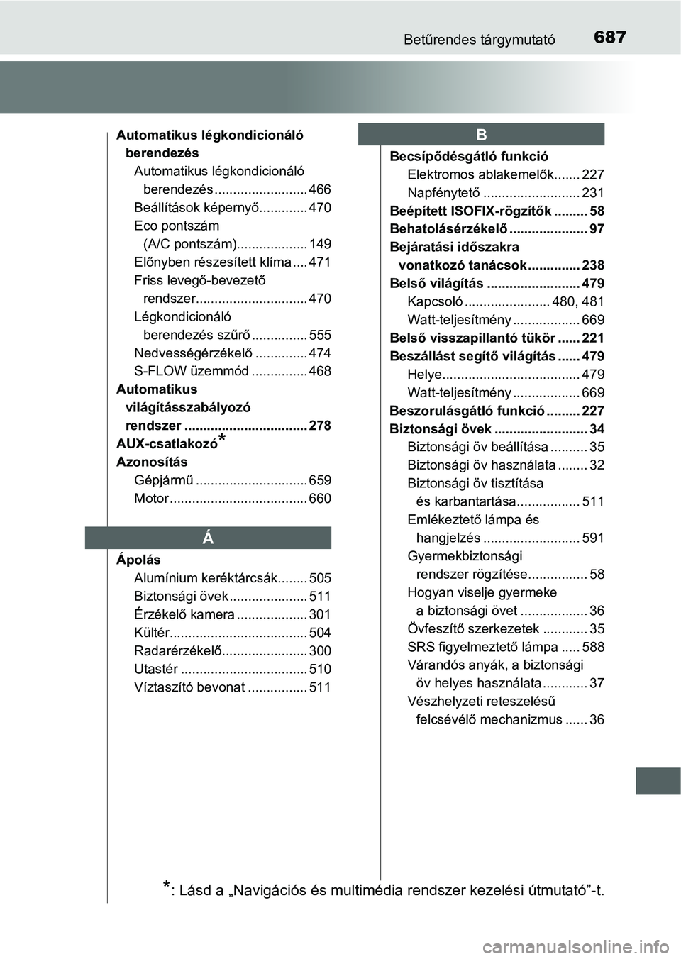 TOYOTA PRIUS 2015 Kezelési útmutató (in Hungarian) 687Betűrendes tárgymutató
Automatikus légkondicionáló
berendezés
Automatikus légkondicionáló
berendezés ......................... 466
Beállítások képernyő............. 470
Eco pontsz TOYOTA PRIUS 2015 Kezelési útmutató (in Hungarian) 687Betűrendes tárgymutató
Automatikus légkondicionáló
berendezés
Automatikus légkondicionáló
berendezés ......................... 466
Beállítások képernyő............. 470
Eco pontsz