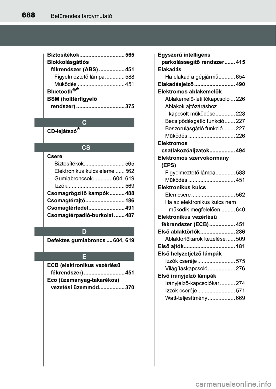 TOYOTA PRIUS 2015 Kezelési útmutató (in Hungarian) 688Betűrendes tárgymutató
Biztosítékok.............................. 565
Blokkolásgátlós
fékrendszer (ABS) ................. 451
Figyelmeztető lámpa ............. 588
Működés .......... TOYOTA PRIUS 2015 Kezelési útmutató (in Hungarian) 688Betűrendes tárgymutató
Biztosítékok.............................. 565
Blokkolásgátlós
fékrendszer (ABS) ................. 451
Figyelmeztető lámpa ............. 588
Működés ..........