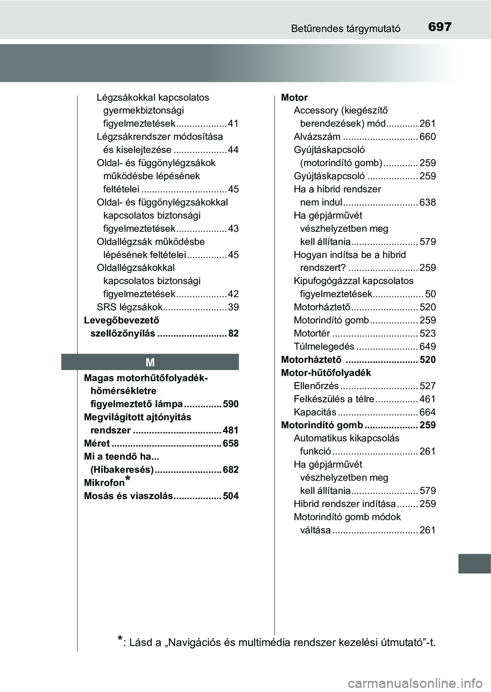 TOYOTA PRIUS 2015 Kezelési útmutató (in Hungarian) 697Betűrendes tárgymutató
Légzsákokkal kapcsolatos
gyermekbiztonsági
figyelmeztetések ................... 41
Légzsákrendszer módosítása
és kiselejtezése .................... 44
Oldal- TOYOTA PRIUS 2015 Kezelési útmutató (in Hungarian) 697Betűrendes tárgymutató
Légzsákokkal kapcsolatos
gyermekbiztonsági
figyelmeztetések ................... 41
Légzsákrendszer módosítása
és kiselejtezése .................... 44
Oldal-