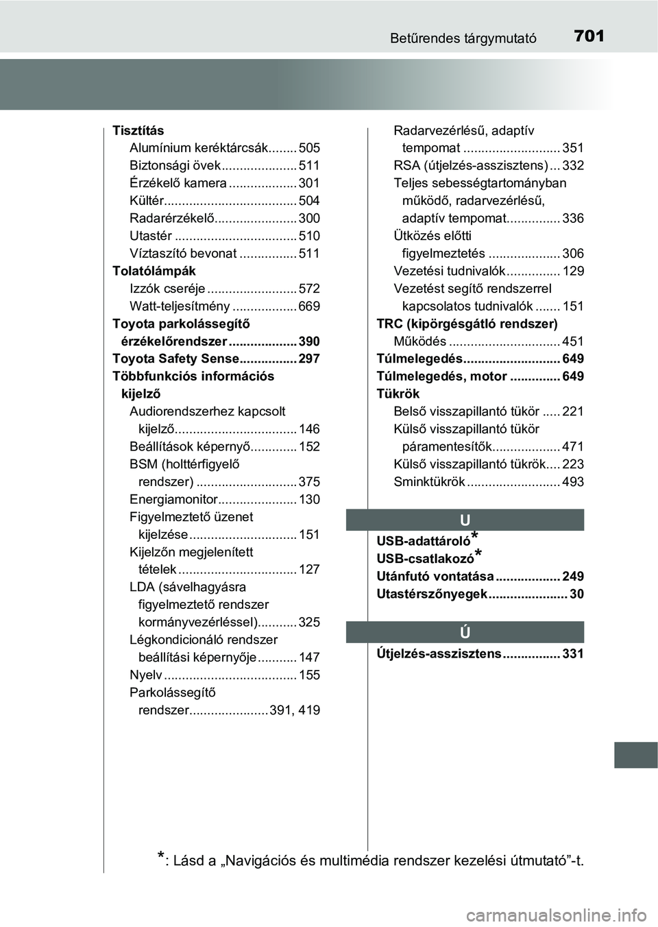 TOYOTA PRIUS 2015  Kezelési útmutató (in Hungarian) 701Betűrendes tárgymutató
Tisztítás
Alumínium keréktárcsák........ 505
Biztonsági övek..................... 511
Érzékelő kamera ................... 301
Kültér..........................