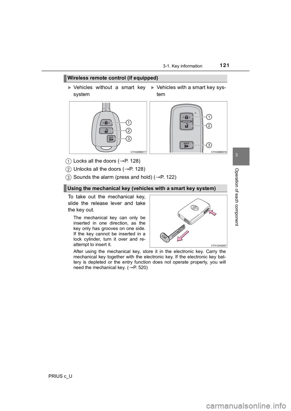 TOYOTA PRIUS C 2020  Owners Manual 1213-1. Key information
3
Operation of each component
PRIUS c_U
Locks all the doors (P.   1 2 8 )
Unlocks all the doors ( P.   1 2 8 )
Sounds the alarm (press and hold) ( P. 122)
To  take  ou