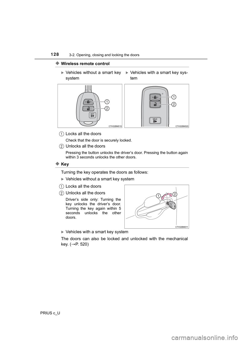 TOYOTA PRIUS C 2020 Owners Manual 1283-2. Opening, closing and locking the doors
PRIUS c_U
◆Wireless remote controlLocks all the doors
Check that the door is securely locked.
Unlocks all the doors
Pressing the button unlocks the dri TOYOTA PRIUS C 2020 Owners Manual 1283-2. Opening, closing and locking the doors
PRIUS c_U
◆Wireless remote controlLocks all the doors
Check that the door is securely locked.
Unlocks all the doors
Pressing the button unlocks the dri