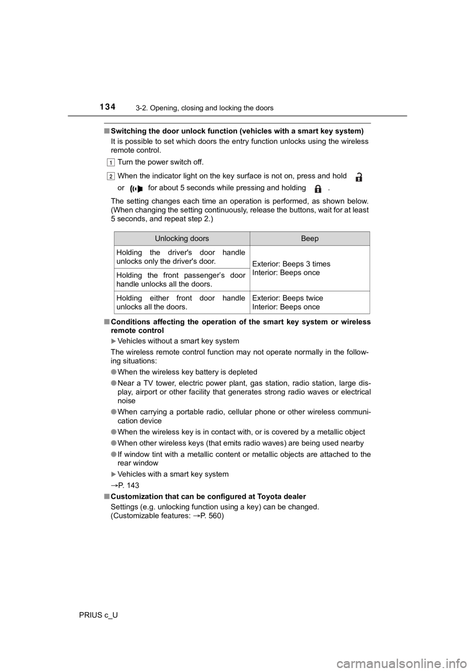 TOYOTA PRIUS C 2020  Owners Manual 1343-2. Opening, closing and locking the doors
PRIUS c_U
■Switching the door unlock func tion (vehicles with a smart key system)
It is possible to set which doors the entry function unlocks using th