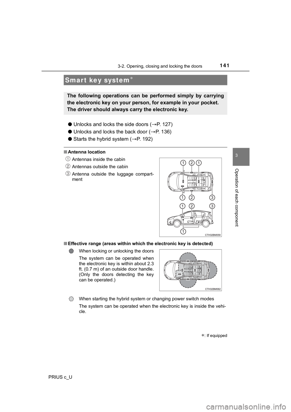 TOYOTA PRIUS C 2020 Owners Manual 1413-2. Opening, closing and locking the doors
3
Operation of each component
PRIUS c_U
●Unlocks and locks the side doors ( P. 127)
● Unlocks and lock s the back door (P. 1 3 6 )
● Starts TOYOTA PRIUS C 2020 Owners Manual 1413-2. Opening, closing and locking the doors
3
Operation of each component
PRIUS c_U
●Unlocks and locks the side doors ( P. 127)
● Unlocks and lock s the back door (P. 1 3 6 )
● Starts