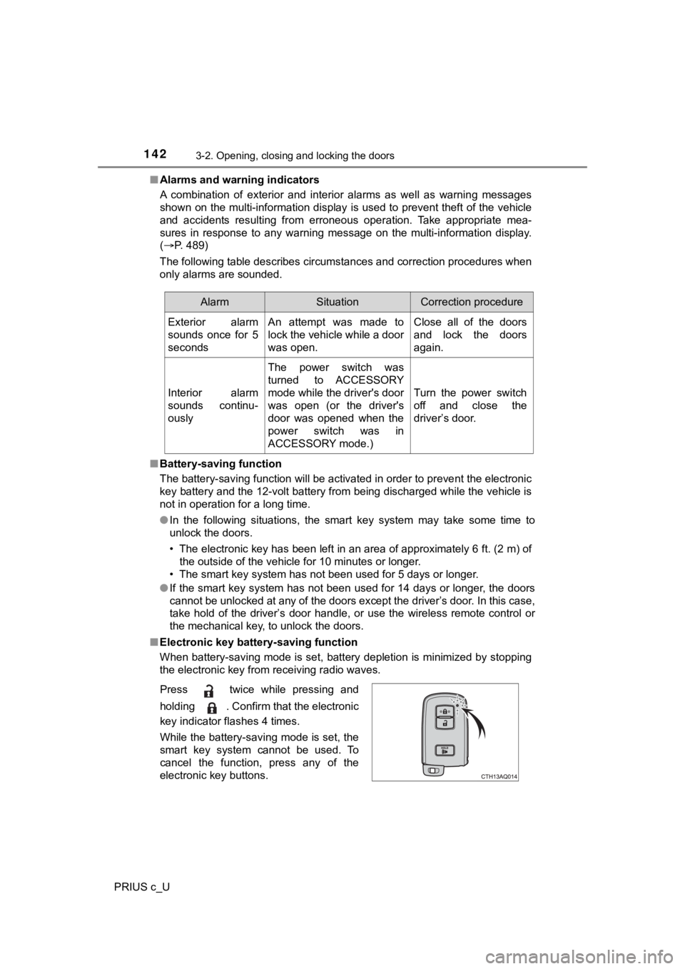 TOYOTA PRIUS C 2020  Owners Manual 1423-2. Opening, closing and locking the doors
PRIUS c_U■
Alarms and warning indicators
A  combination  of  exterior  and  interior  alarms  as  well  as  warnin g  messages
shown on the multi-infor