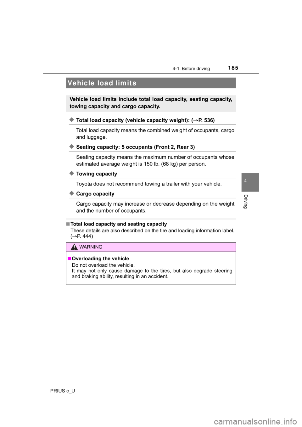 TOYOTA PRIUS C 2020 Owners Manual 1854-1. Before driving
4
Driving
PRIUS c_U
◆Total load capacity (vehicle capacity weight): (P. 5 3 6 )
Total load capacity means the co mbined weight of occupants, cargo
and luggage.
◆Seating TOYOTA PRIUS C 2020 Owners Manual 1854-1. Before driving
4
Driving
PRIUS c_U
◆Total load capacity (vehicle capacity weight): (P. 5 3 6 )
Total load capacity means the co mbined weight of occupants, cargo
and luggage.
◆Seating