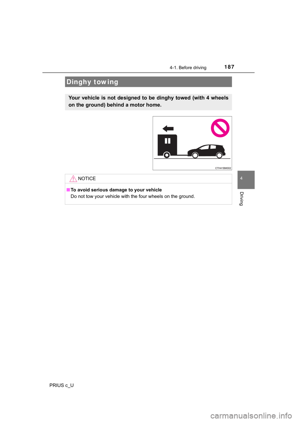 TOYOTA PRIUS C 2020 Owners Manual 1874-1. Before driving
4
Driving
PRIUS c_U
Dinghy towing
Your vehicle is not designed to be dinghy towed (with 4 wheels
on the ground) behind a motor home.
NOTICE
■To avoid serious damag TOYOTA PRIUS C 2020 Owners Manual 1874-1. Before driving
4
Driving
PRIUS c_U
Dinghy towing
Your vehicle is not designed to be dinghy towed (with 4 wheels
on the ground) behind a motor home.
NOTICE
■To avoid serious damag