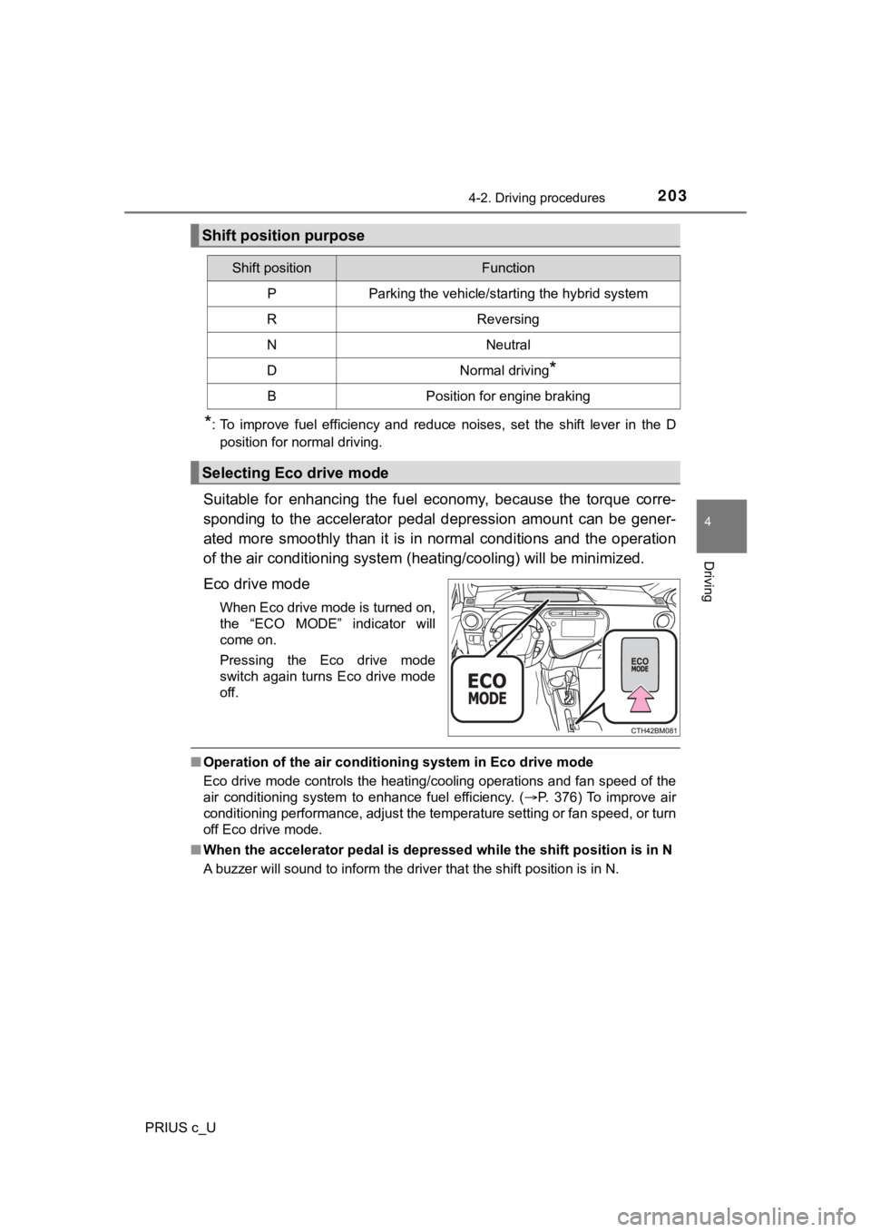 TOYOTA PRIUS C 2020 Owners Manual 2034-2. Driving procedures
4
Driving
PRIUS c_U
*: To improve fuel efficiency and reduce noises, set the shift lever in the D
position for normal driving.
Suitable for enhancing the fu TOYOTA PRIUS C 2020 Owners Manual 2034-2. Driving procedures
4
Driving
PRIUS c_U
*: To improve fuel efficiency and reduce noises, set the shift lever in the D
position for normal driving.
Suitable for enhancing the fu