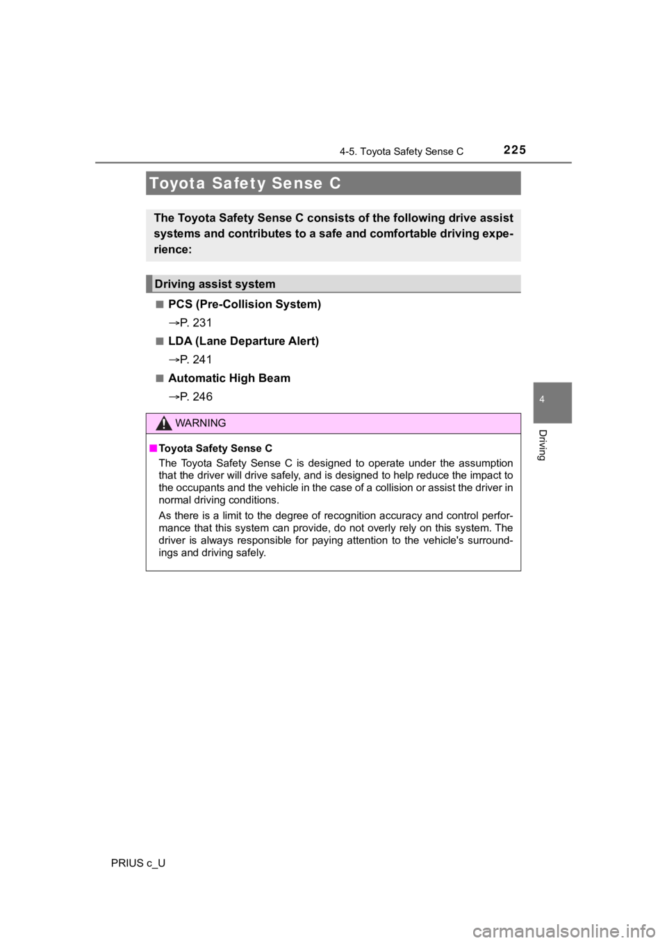TOYOTA PRIUS C 2020 Owners Manual 225
4
Driving
PRIUS c_U
4-5. Toyota Safety Sense C
■PCS (Pre-Collision System)
P. 2 3 1
■LDA (Lane Departure Alert)
P. 2 4 1
■Automatic High Beam
P. 2 4 6
Toyota Safety Sense C
Th TOYOTA PRIUS C 2020 Owners Manual 225
4
Driving
PRIUS c_U
4-5. Toyota Safety Sense C
■PCS (Pre-Collision System)
P. 2 3 1
■LDA (Lane Departure Alert)
P. 2 4 1
■Automatic High Beam
P. 2 4 6
Toyota Safety Sense C
Th