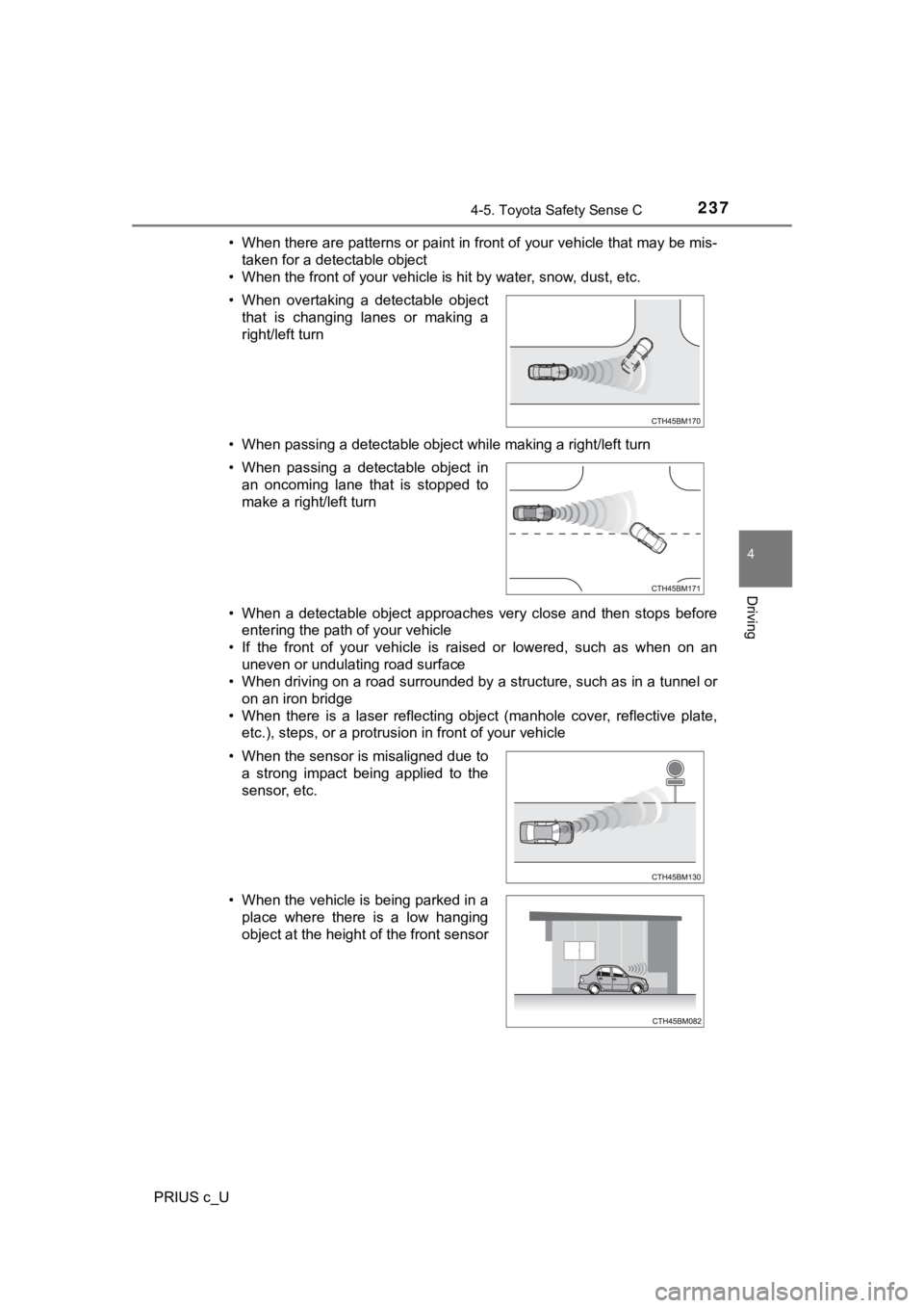 TOYOTA PRIUS C 2020 User Guide 2374-5. Toyota Safety Sense C
4
Driving
PRIUS c_U• When there are patterns or paint in front of your vehicle that
may be mis-
taken for a detectable object
• When the front of your vehicle is hit TOYOTA PRIUS C 2020 User Guide 2374-5. Toyota Safety Sense C
4
Driving
PRIUS c_U• When there are patterns or paint in front of your vehicle that
may be mis-
taken for a detectable object
• When the front of your vehicle is hit