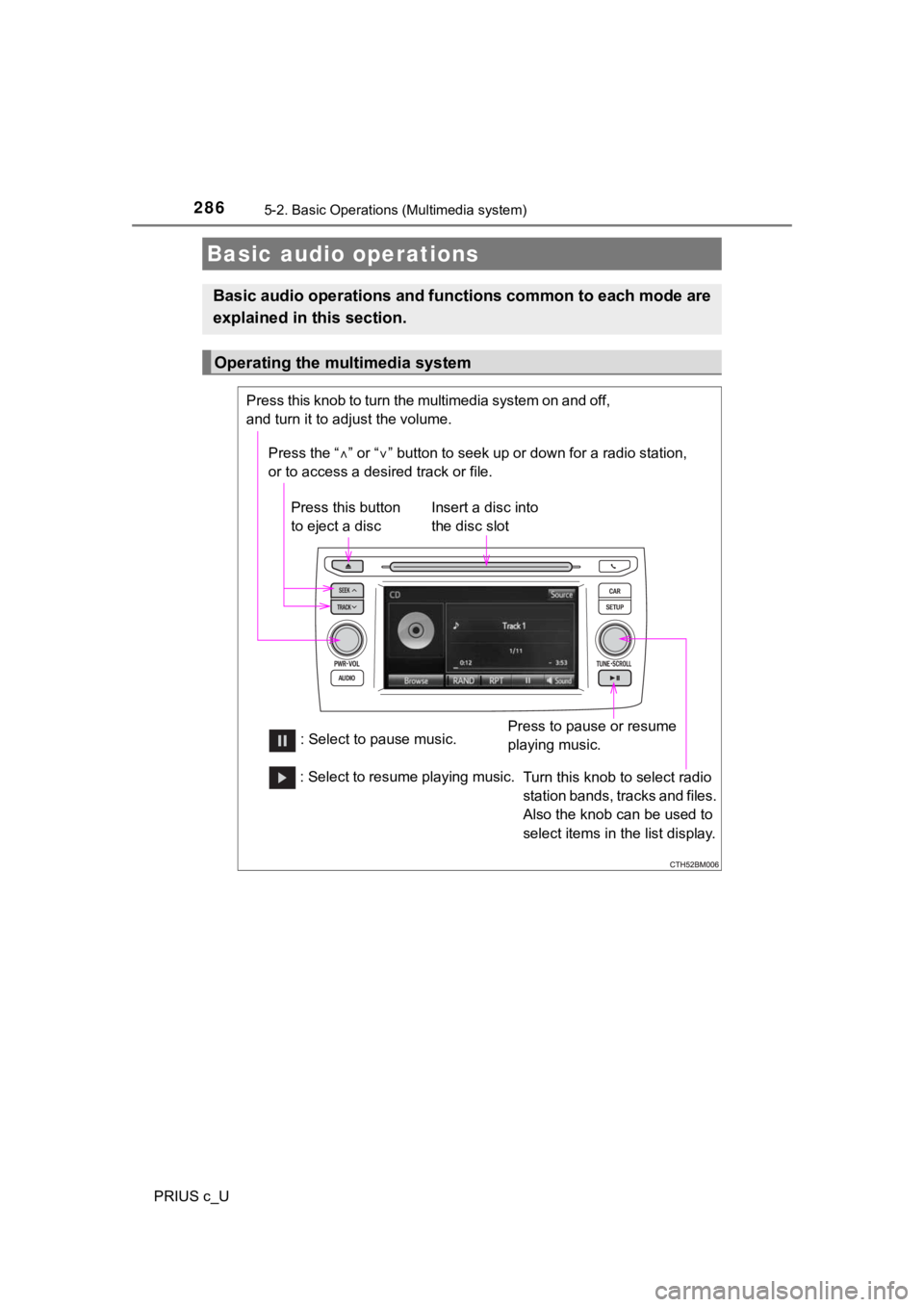 TOYOTA PRIUS C 2020 Owners Manual 2865-2. Basic Operations (Multimedia system)
PRIUS c_U
Basic audio operations
Basic audio operations and func tions common to each mode are
explained in this section.
Operating the multimedia system
P TOYOTA PRIUS C 2020 Owners Manual 2865-2. Basic Operations (Multimedia system)
PRIUS c_U
Basic audio operations
Basic audio operations and func tions common to each mode are
explained in this section.
Operating the multimedia system
P