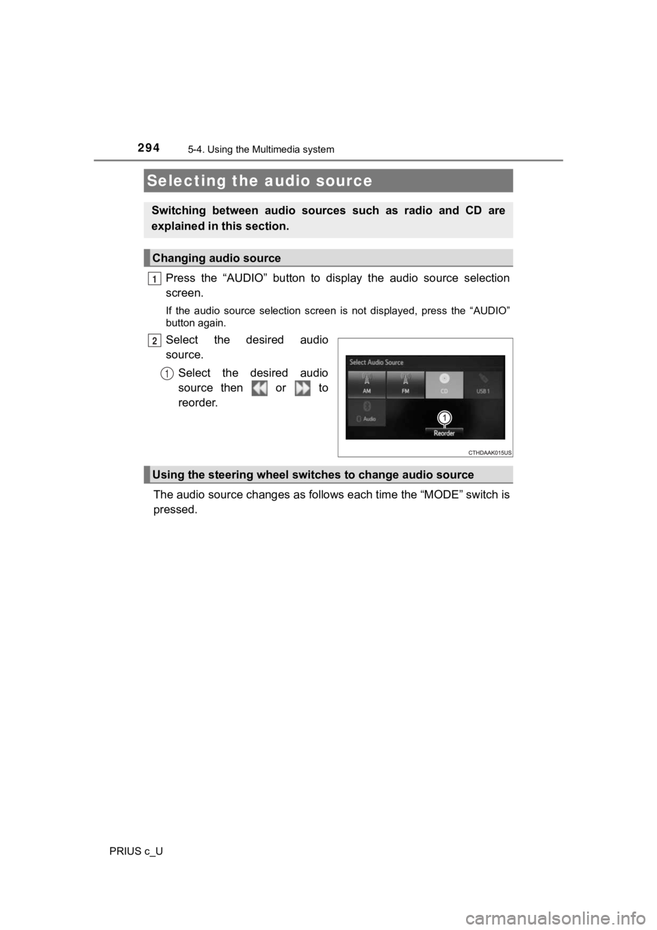 TOYOTA PRIUS C 2020  Owners Manual 294
PRIUS c_U
5-4. Using the Multimedia system
Press  the  “AUDIO”  button  to  display  the  audio  source  selection
screen.
If  the  audio  source  selection  screen  is  not  displayed,  press