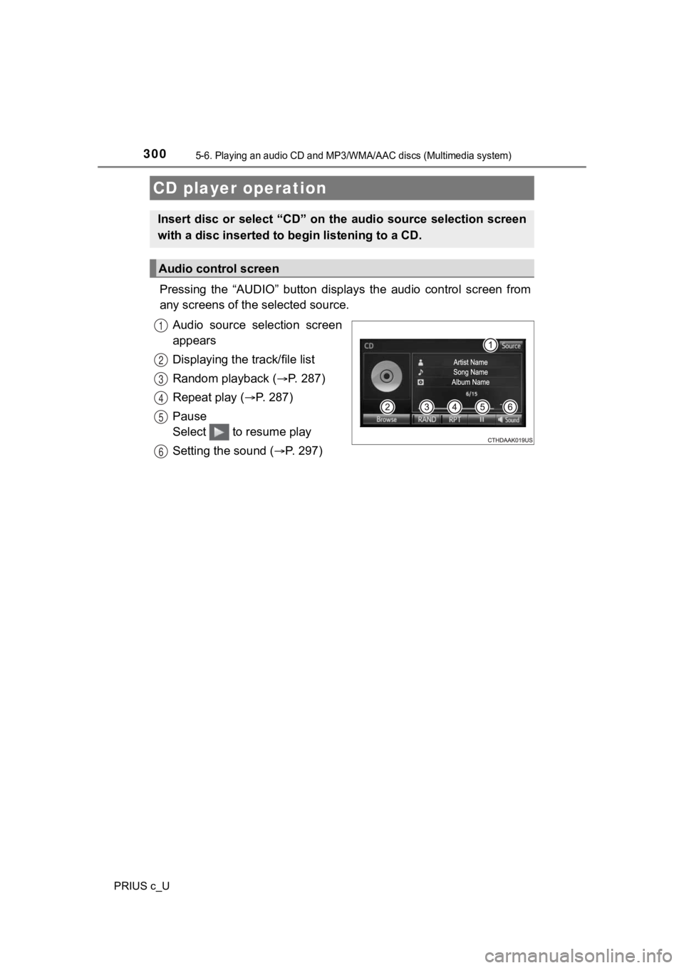 TOYOTA PRIUS C 2020  Owners Manual 300
PRIUS c_U
5-6. Playing an audio CD and MP3/WMA/AAC discs (Multimedia system)
Pressing  the  “AUDIO”  button  displays  the  audio  control  screen  from
any screens of the selected source.
Aud