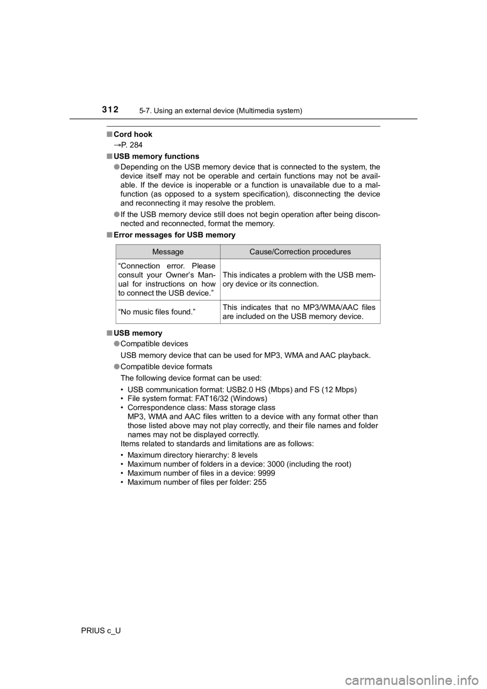 TOYOTA PRIUS C 2020 Owners Manual 3125-7. Using an external device (Multimedia system)
PRIUS c_U
■Cord hook
P. 284
■ USB memory functions
●Depending on the USB memory device that is connected to the sys tem, the
device itsel TOYOTA PRIUS C 2020 Owners Manual 3125-7. Using an external device (Multimedia system)
PRIUS c_U
■Cord hook
P. 284
■ USB memory functions
●Depending on the USB memory device that is connected to the sys tem, the
device itsel
